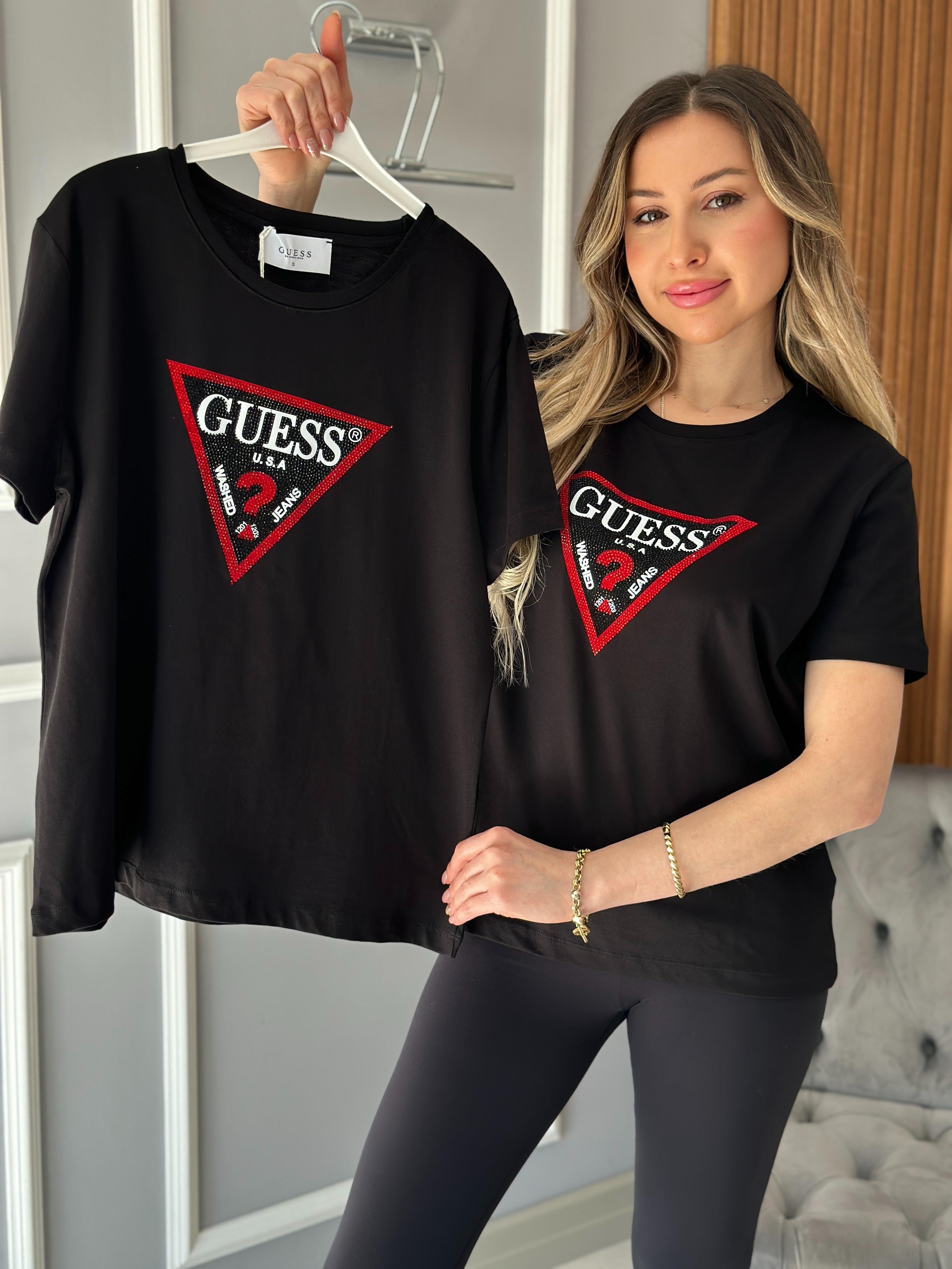 Gu Kırmızı Silver Taş Detaylı Siyah T-shirt
