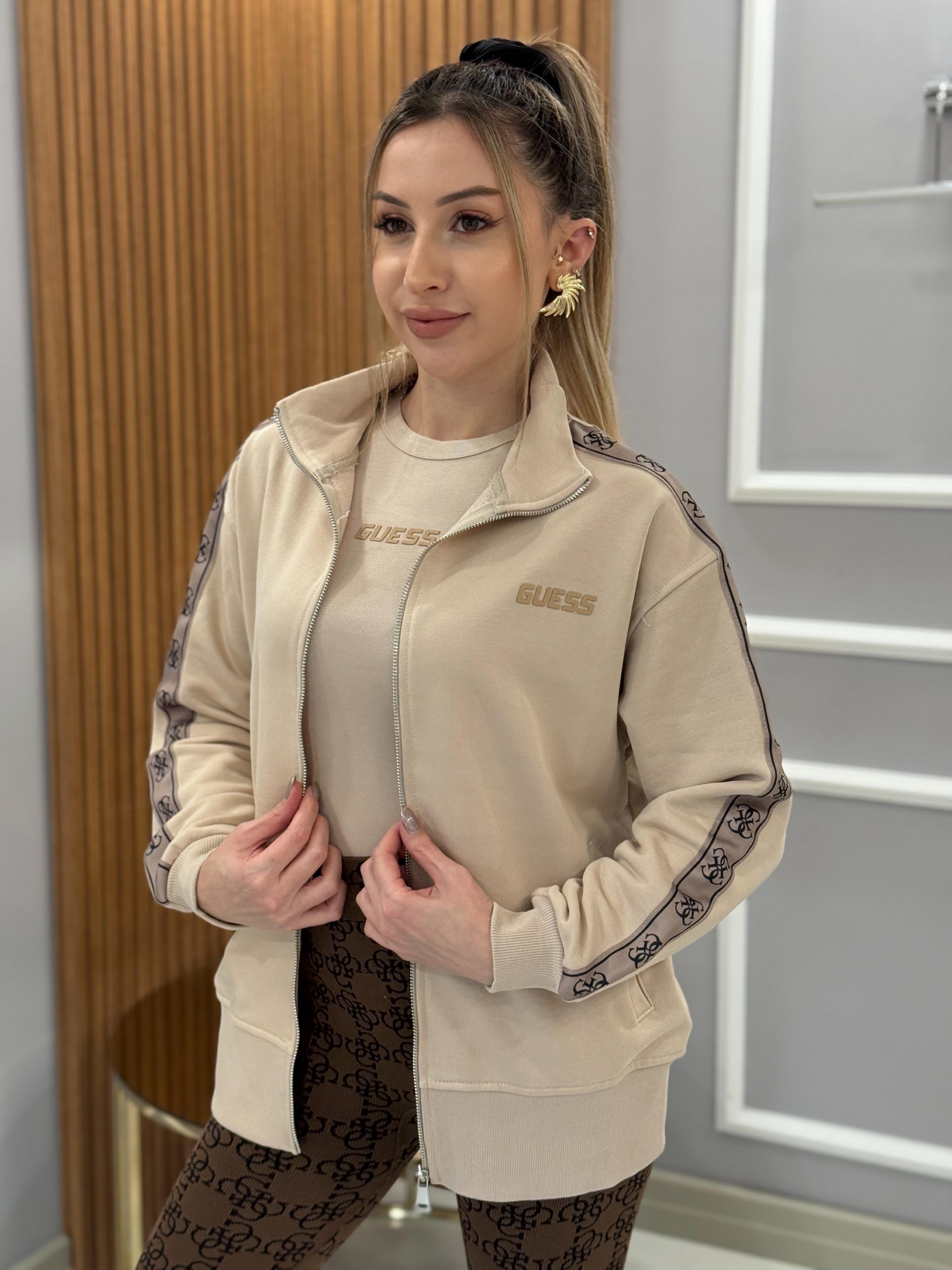 Gu Kol Detaylı Ceket Sweat Fermuarlı Boyu 65 cm Vizon
