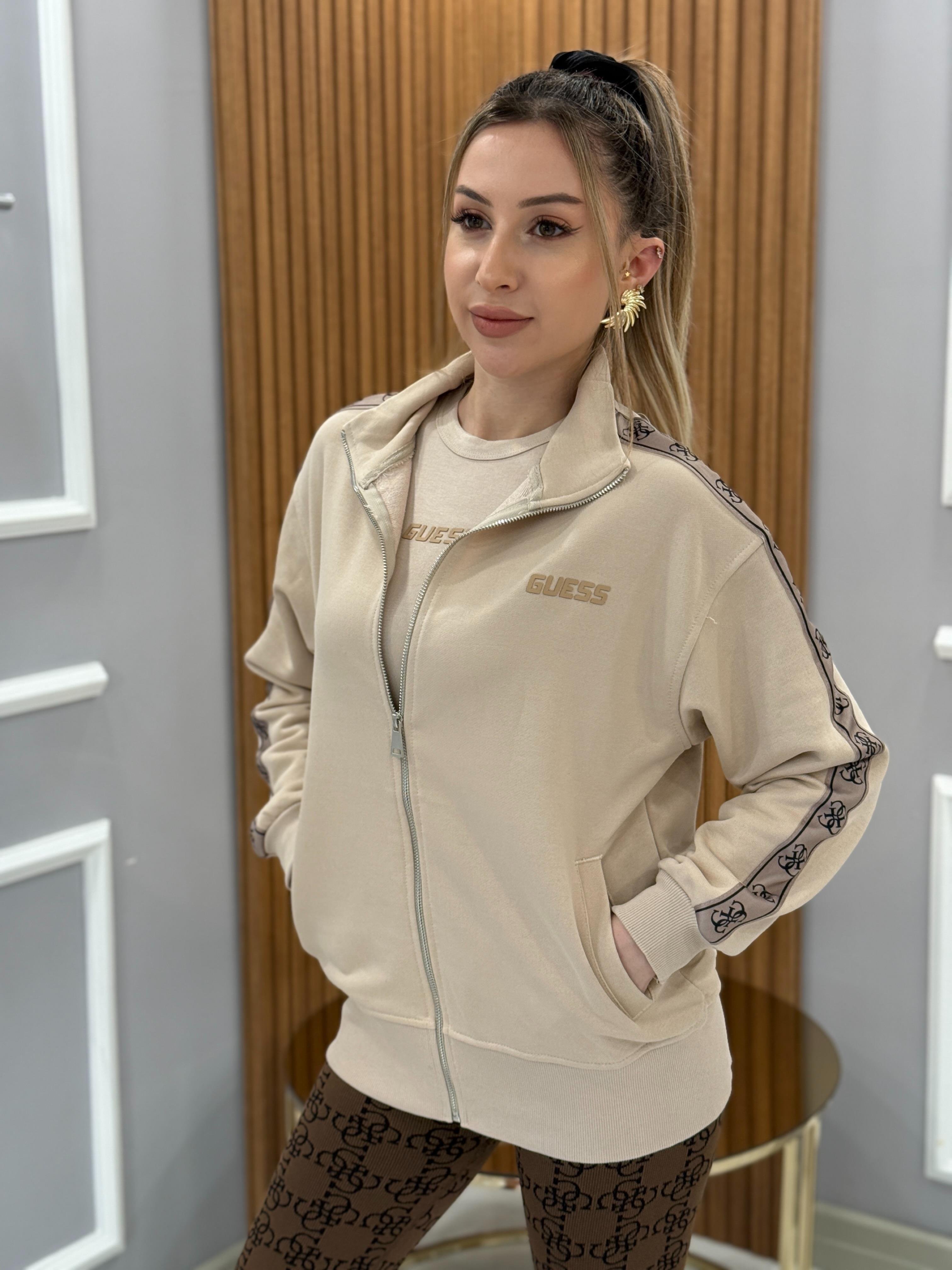 Gu Kol Detaylı Ceket Sweat Fermuarlı Boyu 65 cm Vizon