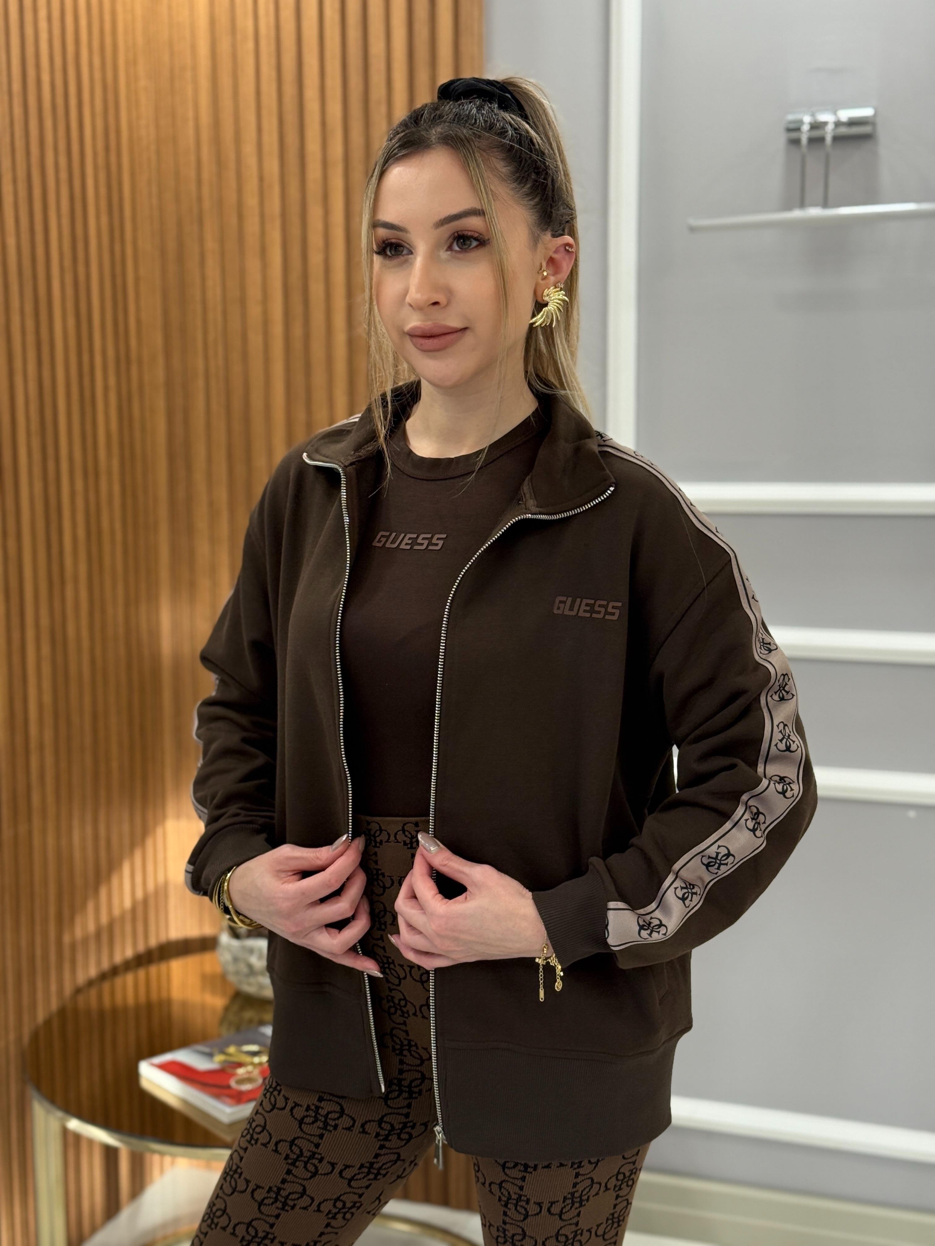 Gu Kol Detaylı Ceket Sweat Fermuarlı Boyu 65 cm Kahverengi