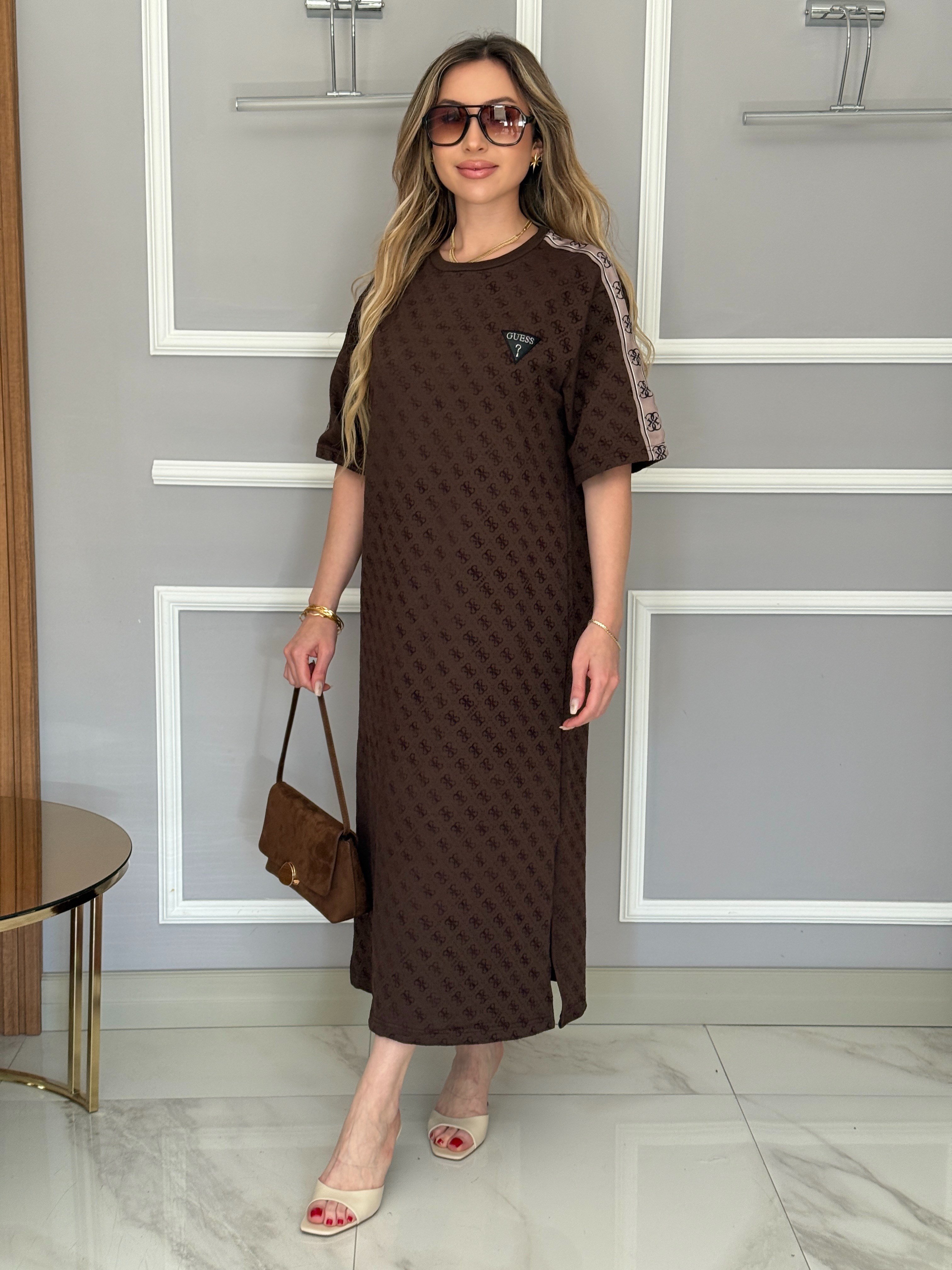 Gu Premium Kendinden Desenli Kol Detaylı Boyu 120cm Kahverengi Elbise