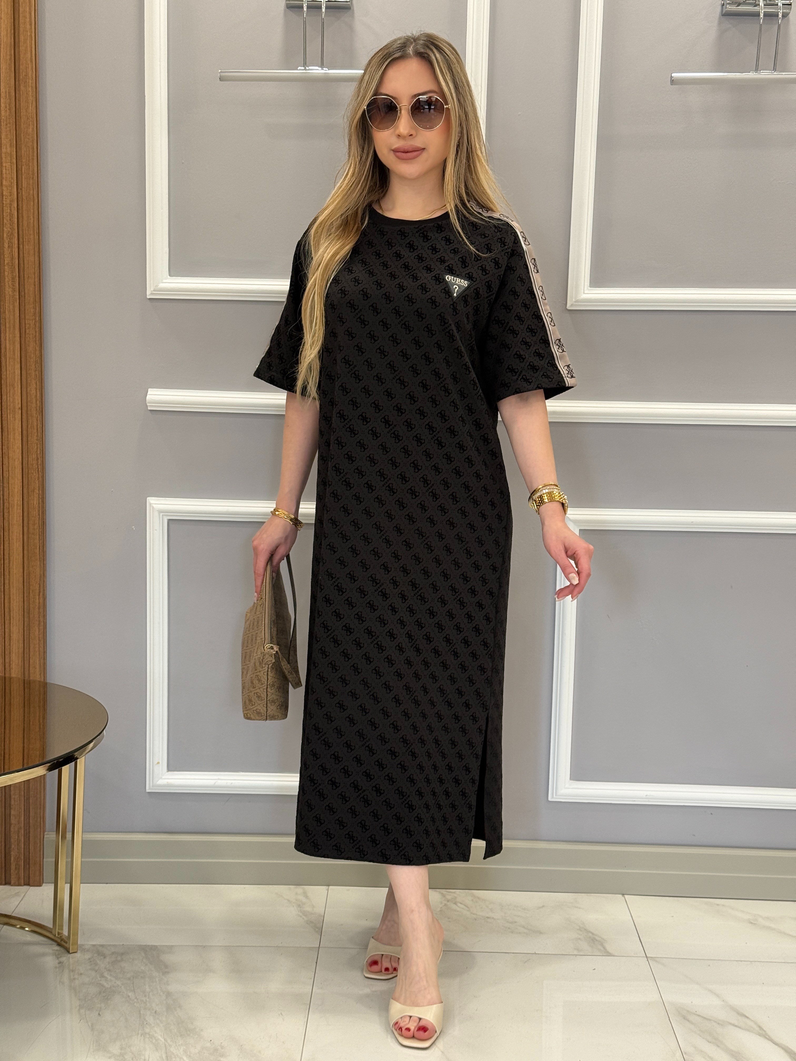 Gu Premium Kendinden Desenli Kol Detaylı Boyu 120cm Siyah Elbise