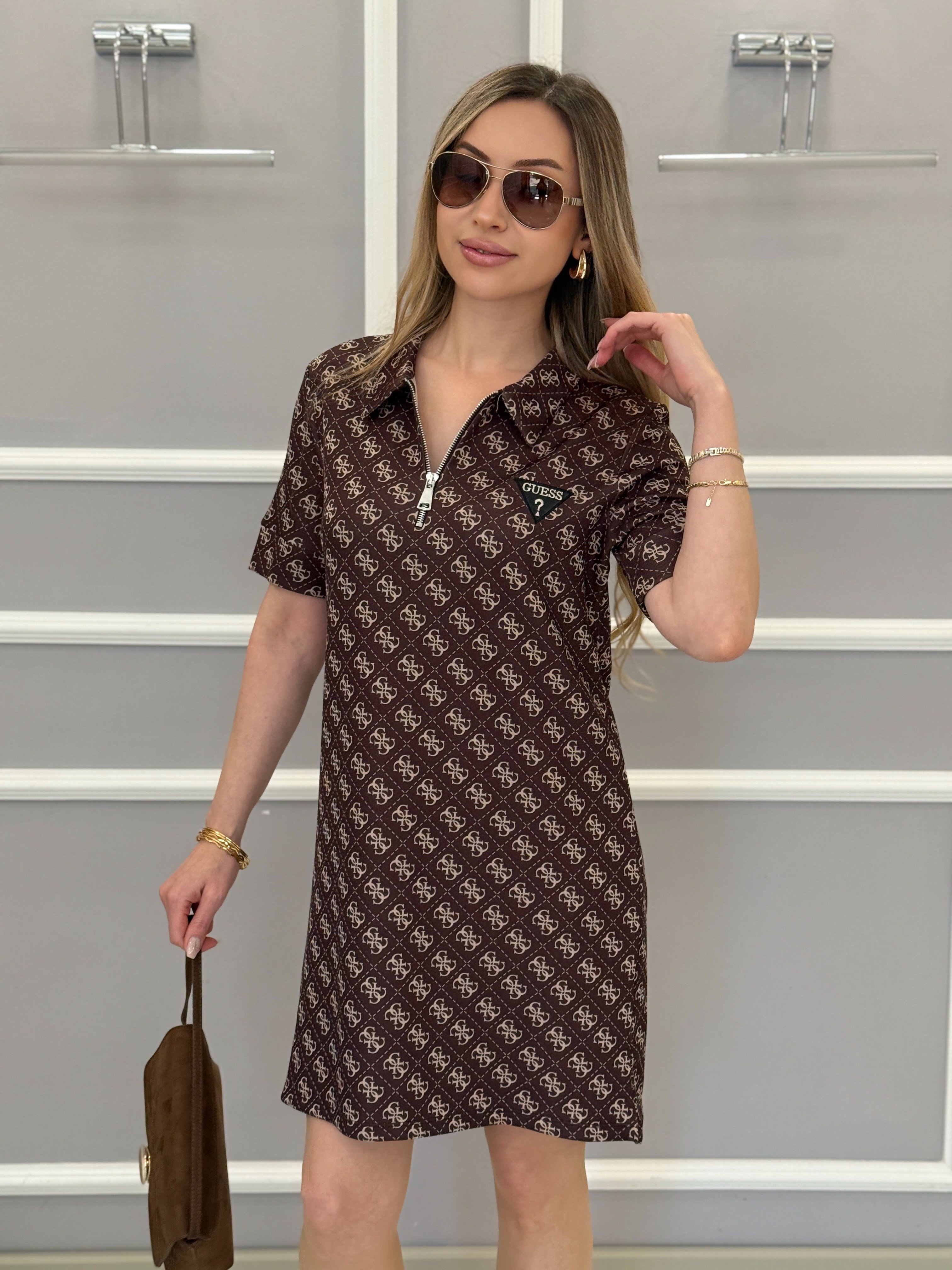 Gu Premium Kendinden Desenli Yakalı Boyu 83cm Kahverengi Elbise 