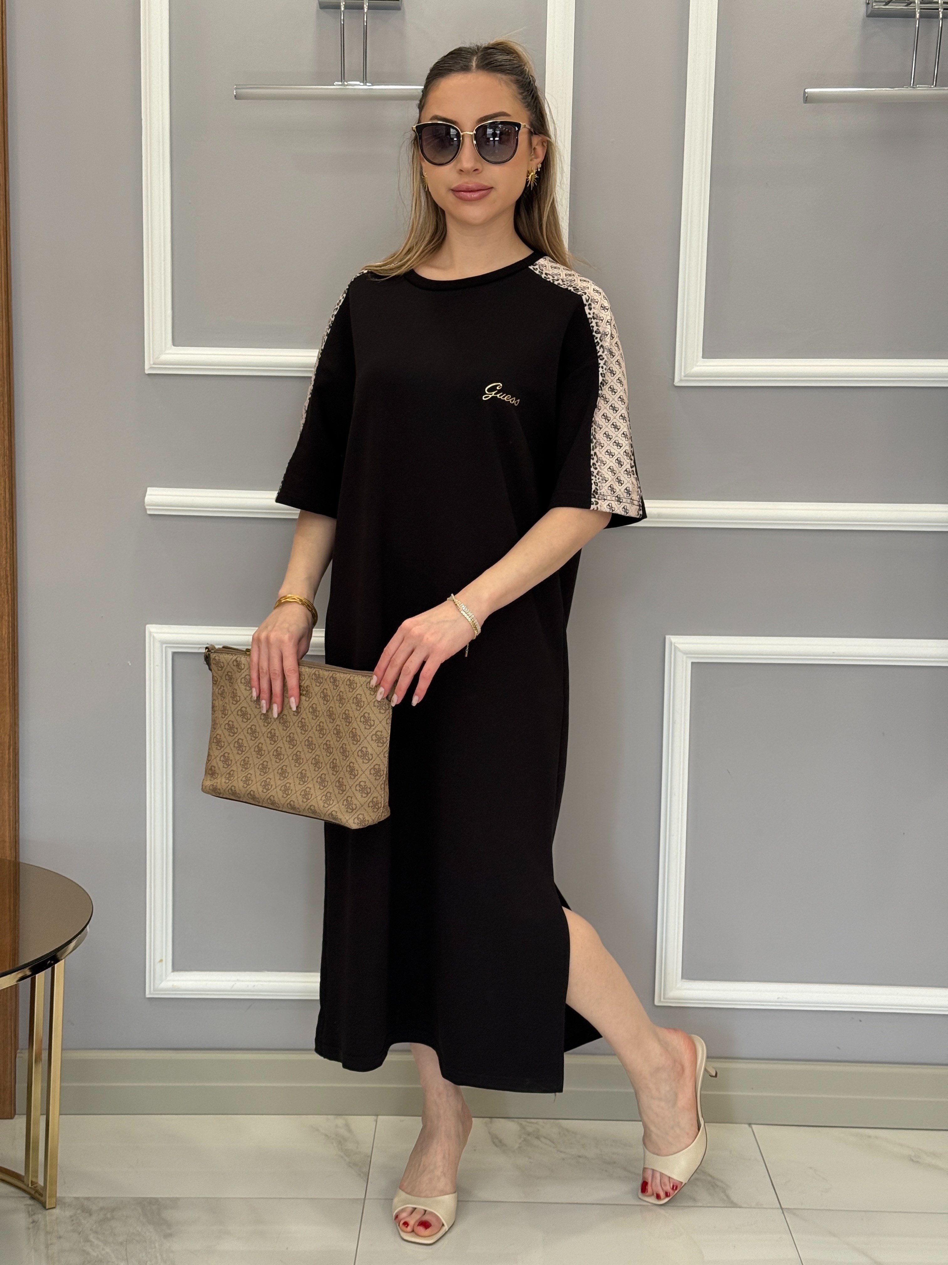 Gu Premium Kol Yan Geçişli  Boyu 118cm Siyah Elbise 