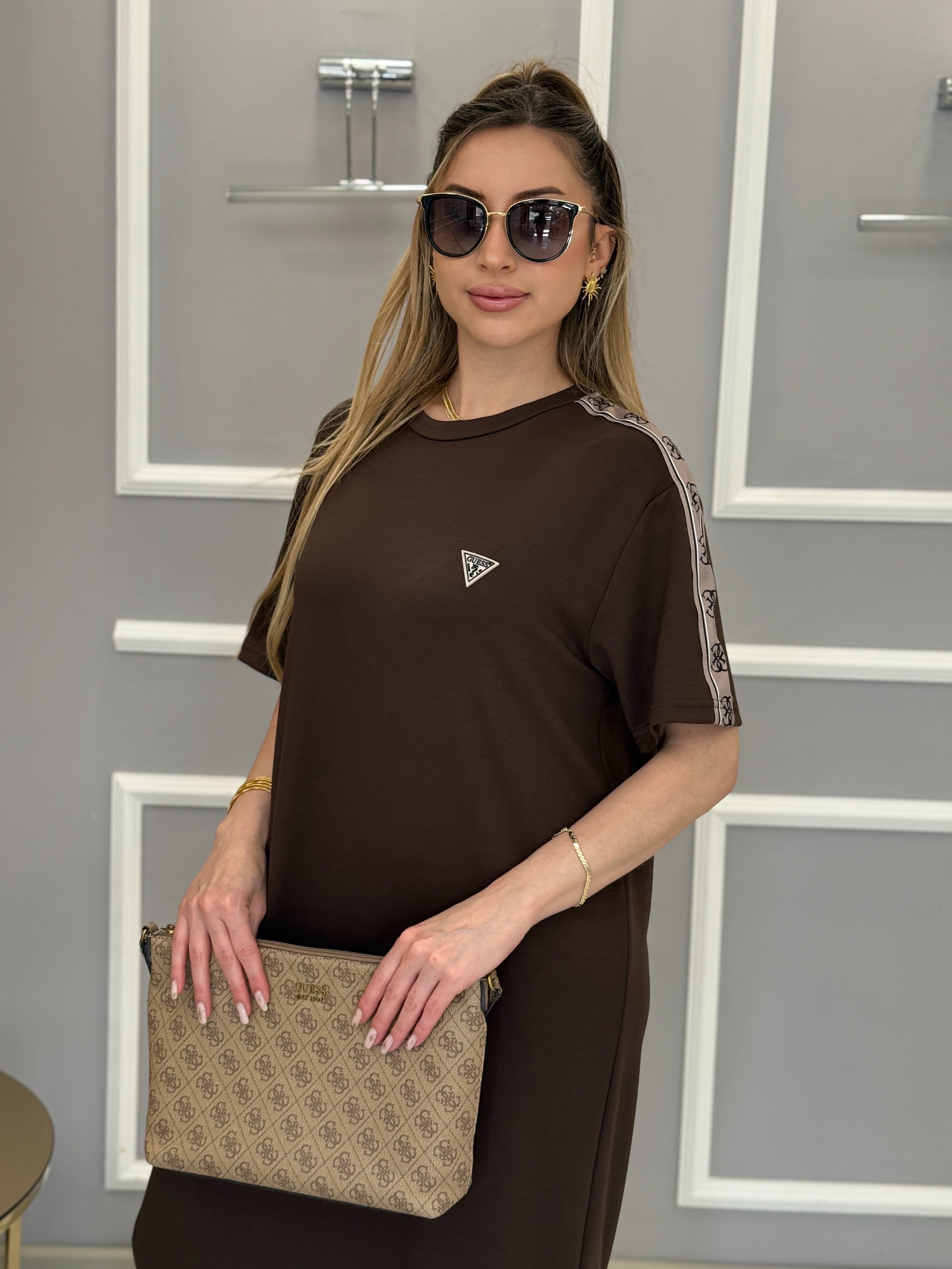 Gu Premium Modal Kumaş Kol Detaylı Yandan Tek Yırtmaçlı Boyu 110cm Kahverengi Elbise 