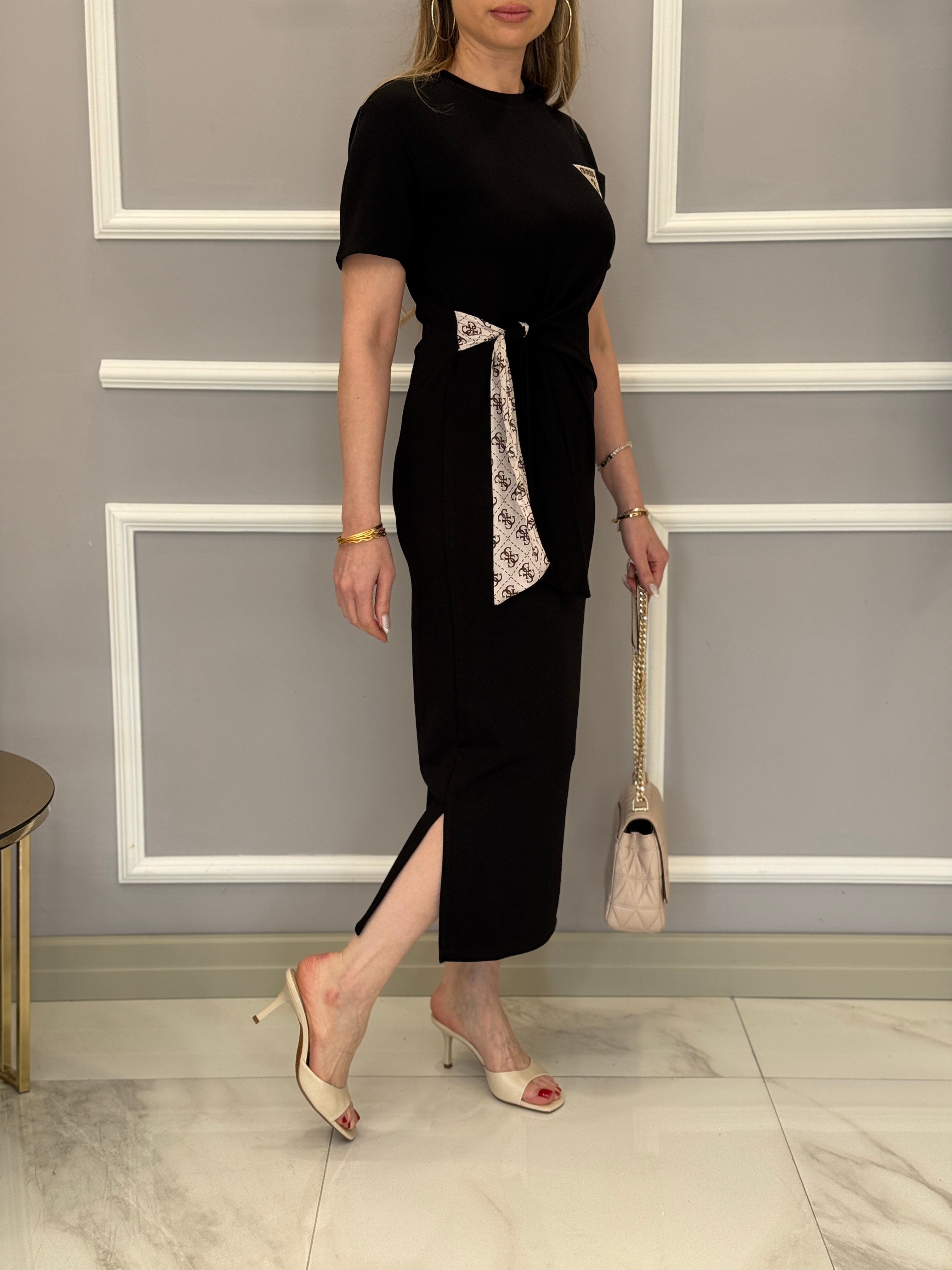 Gu Premium Modal Kumaş Kuşaklı Yandan İki Yırtmaçlı 125 cm Elbise Siyah