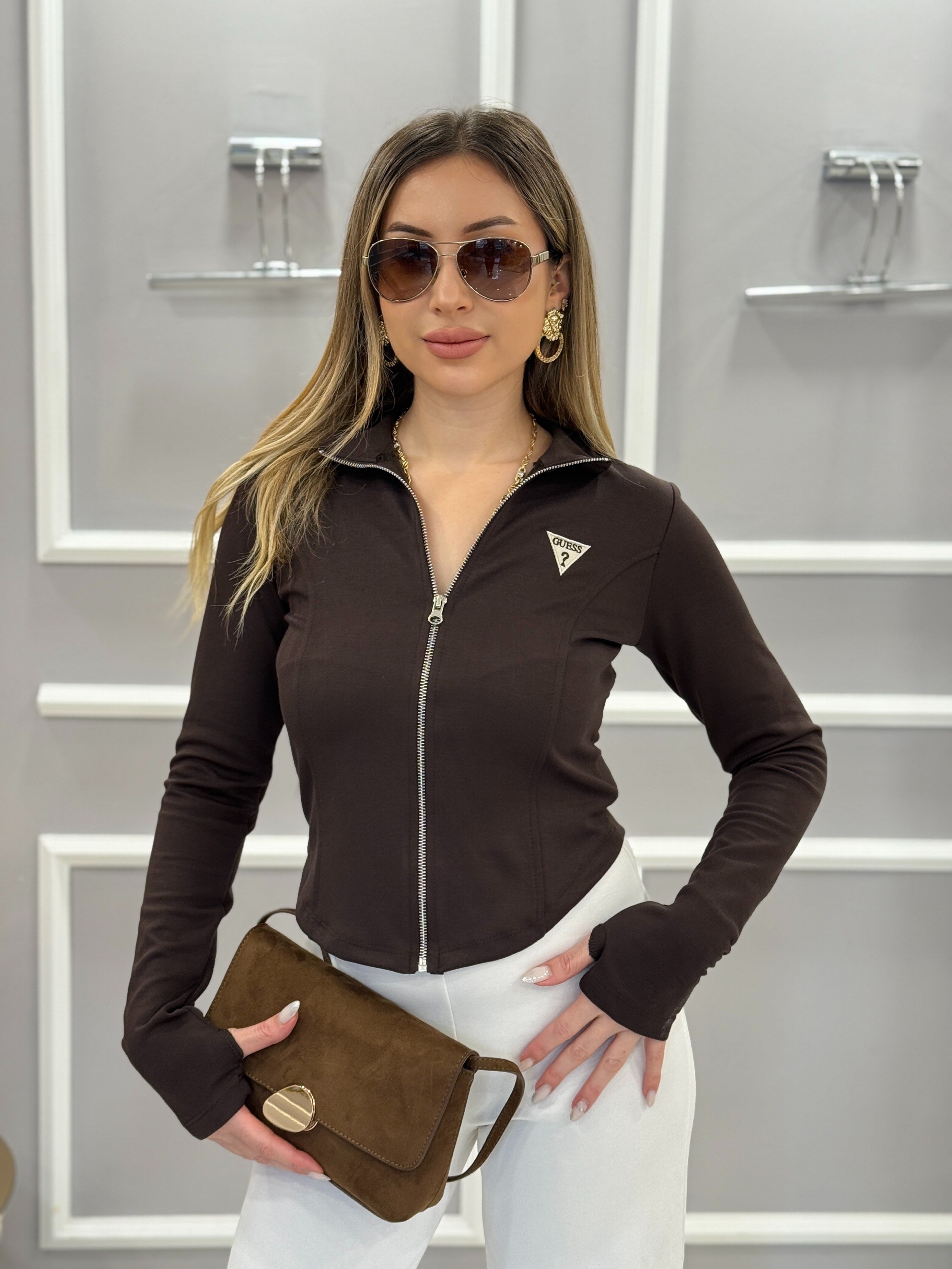 Gu Premium Modal Kumaş Likralı Fermuarlı  Parmak Geçmeli Bluz 53 cm Kahverengi 