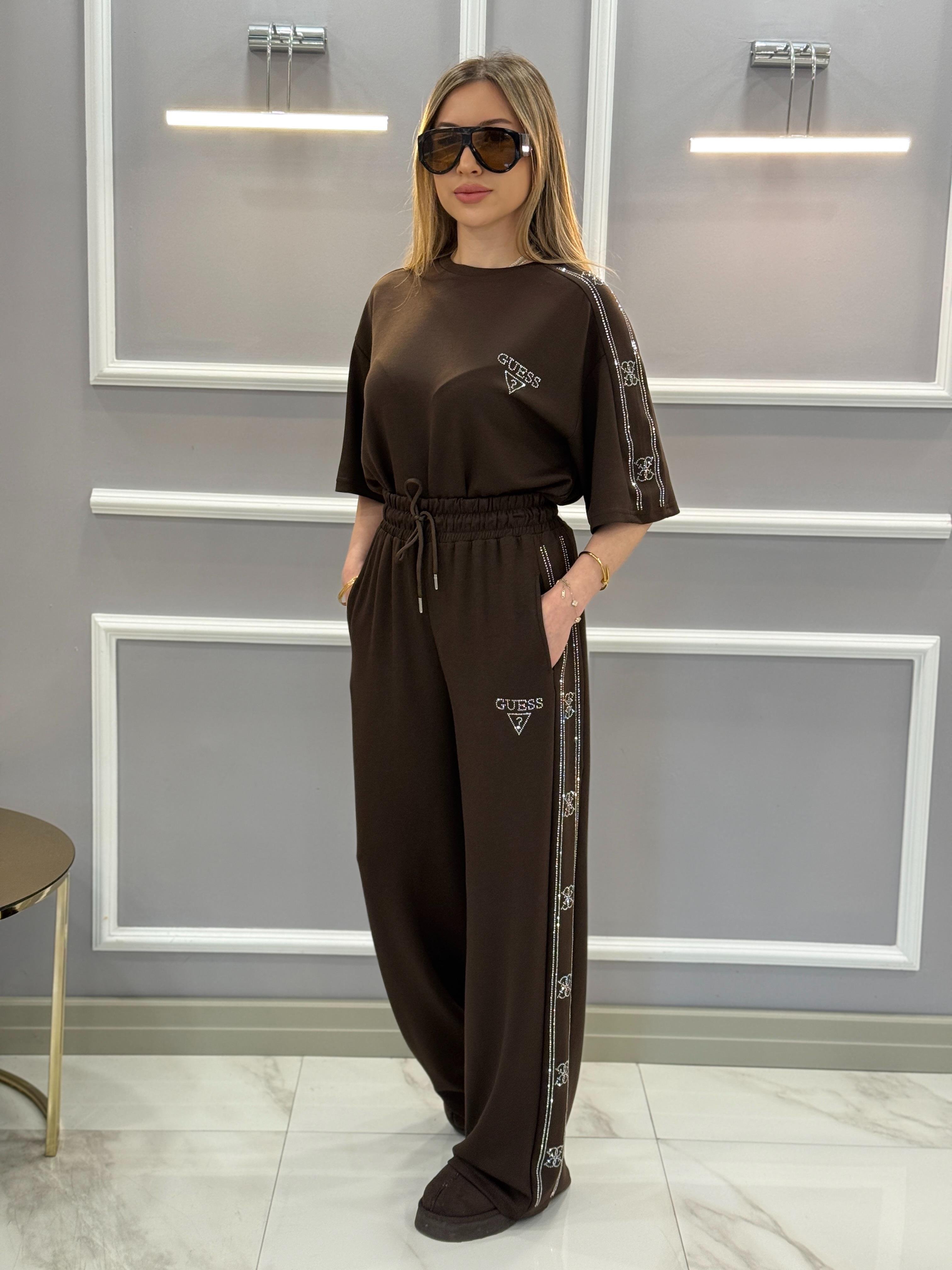 Gu Premium Modal Kumaş Taş Yazılı Kahverengi Takım