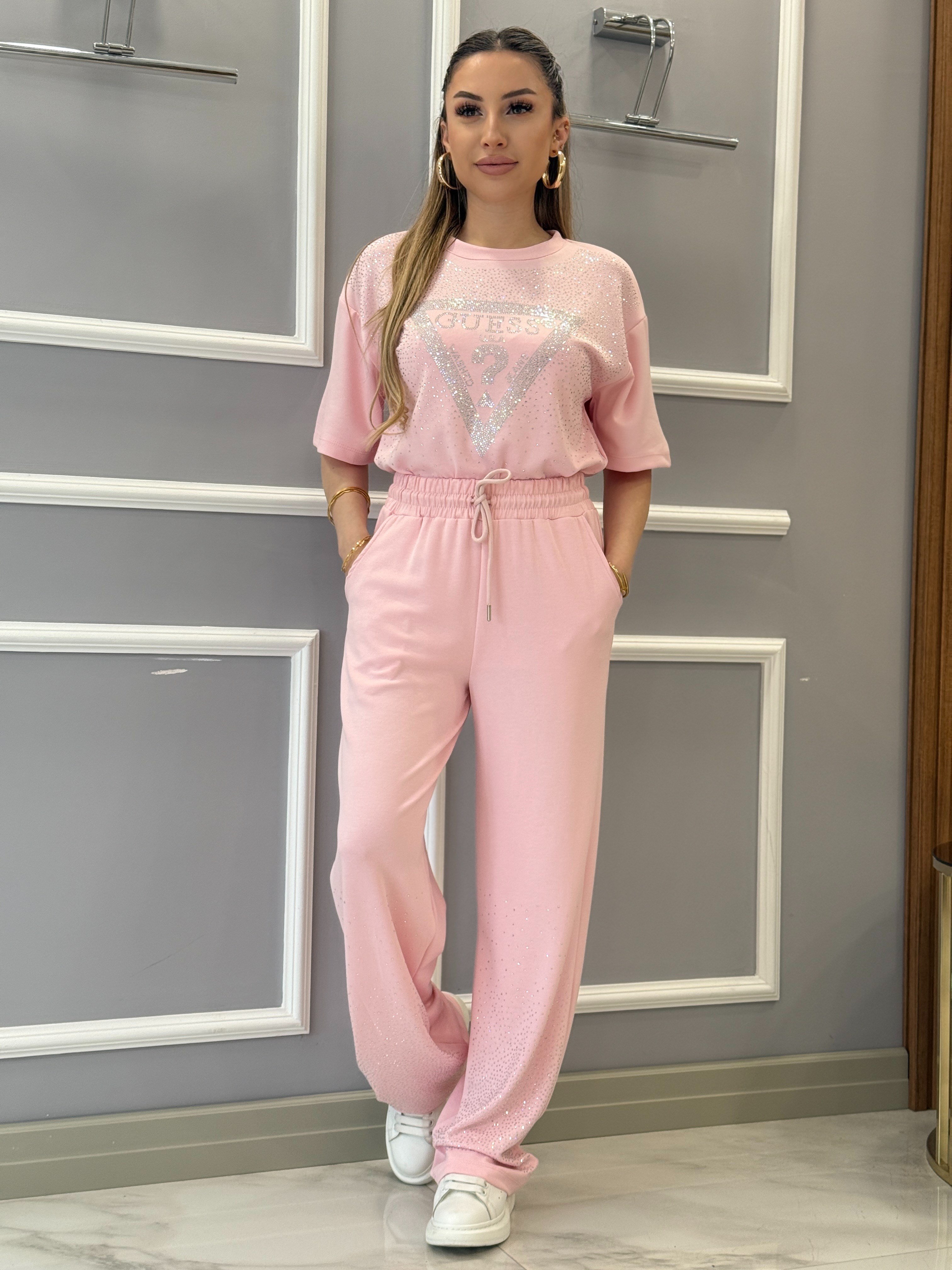 Gu Premium Modal Kumaş Taş Yazılı Pembe Takım 