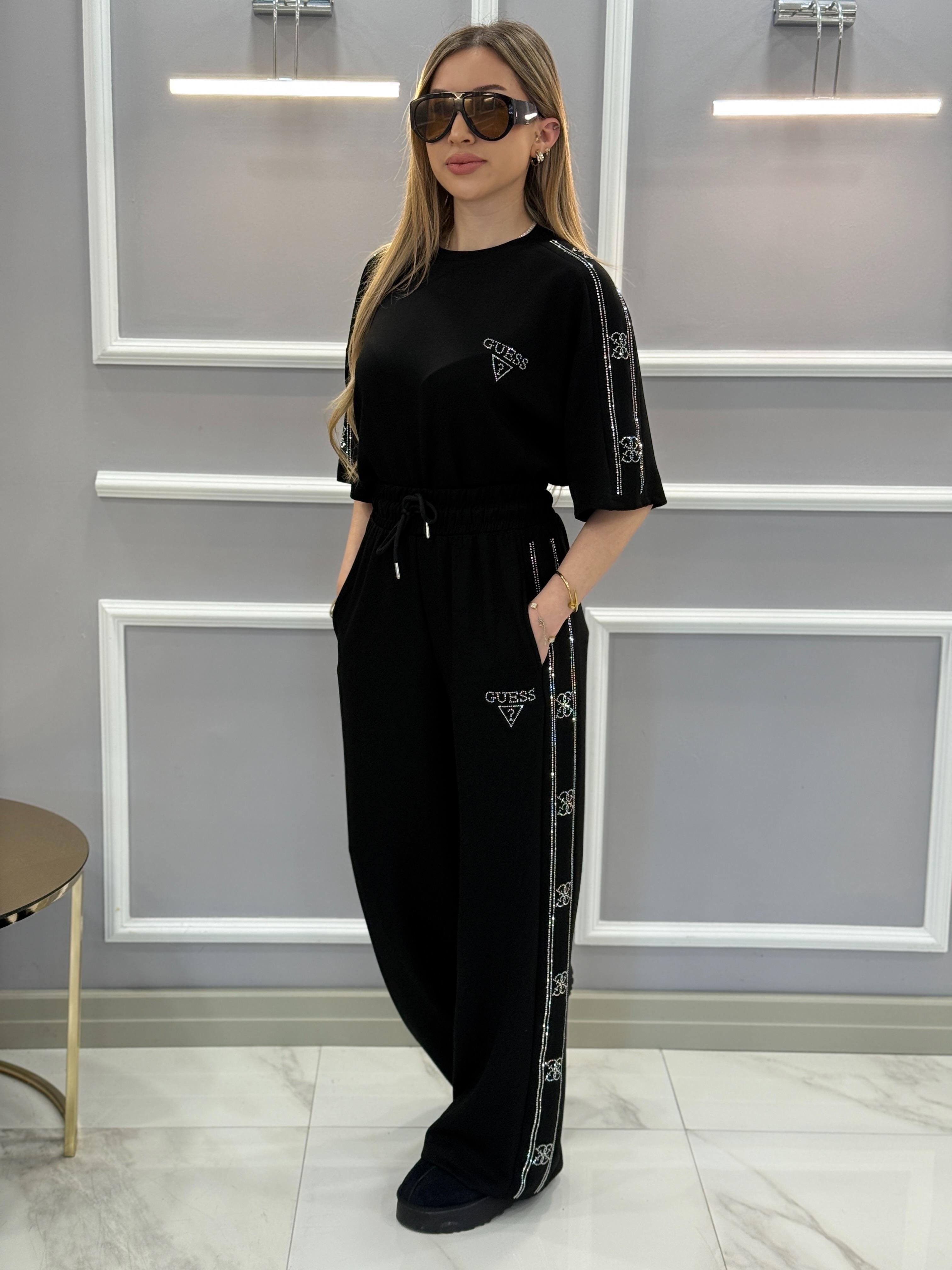 Gu Premium Modal Kumaş Taş Yazılı Siyah Takım