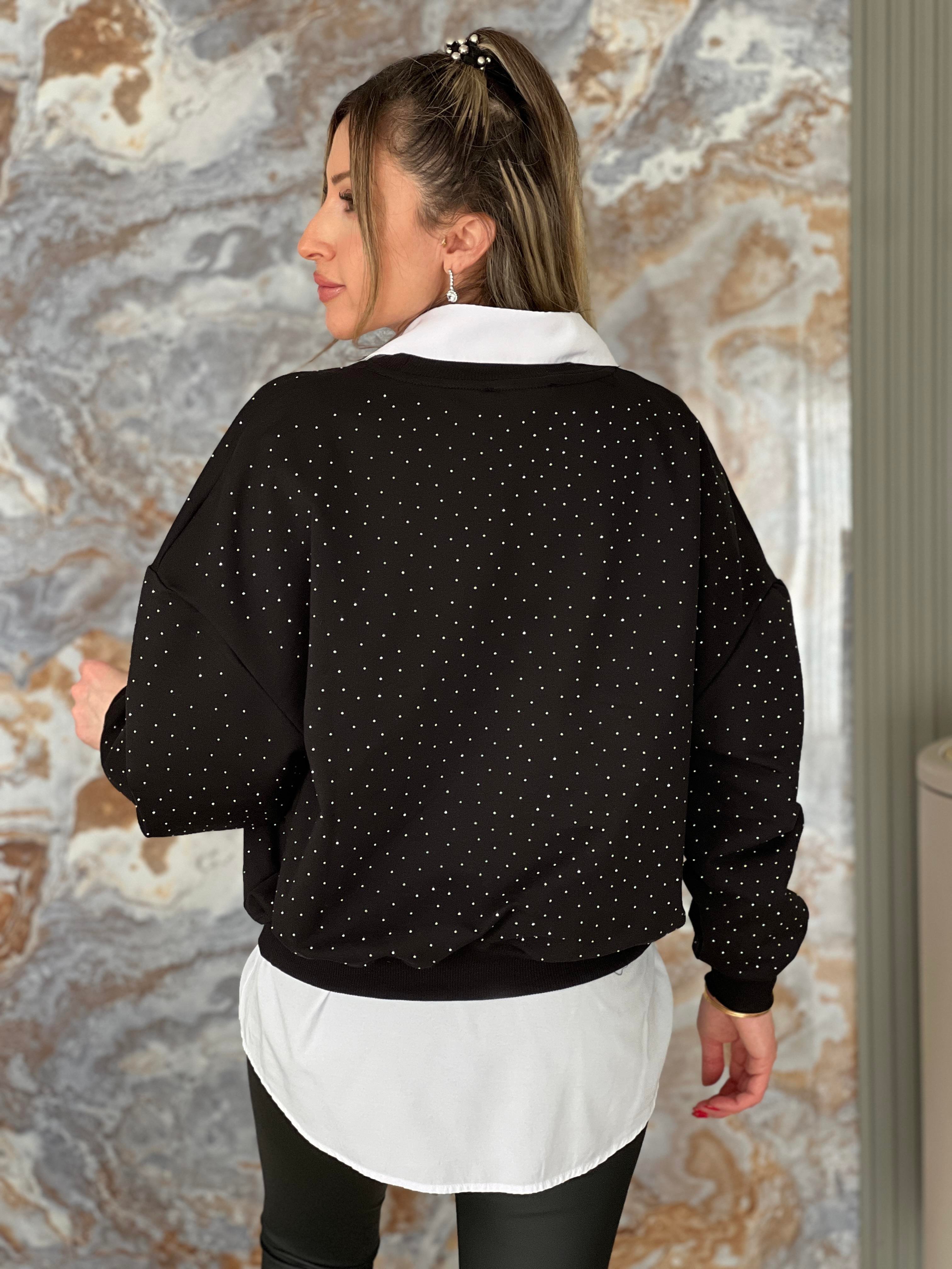 Gu Serpme Komple Taşlı Sweatshirt Siyah