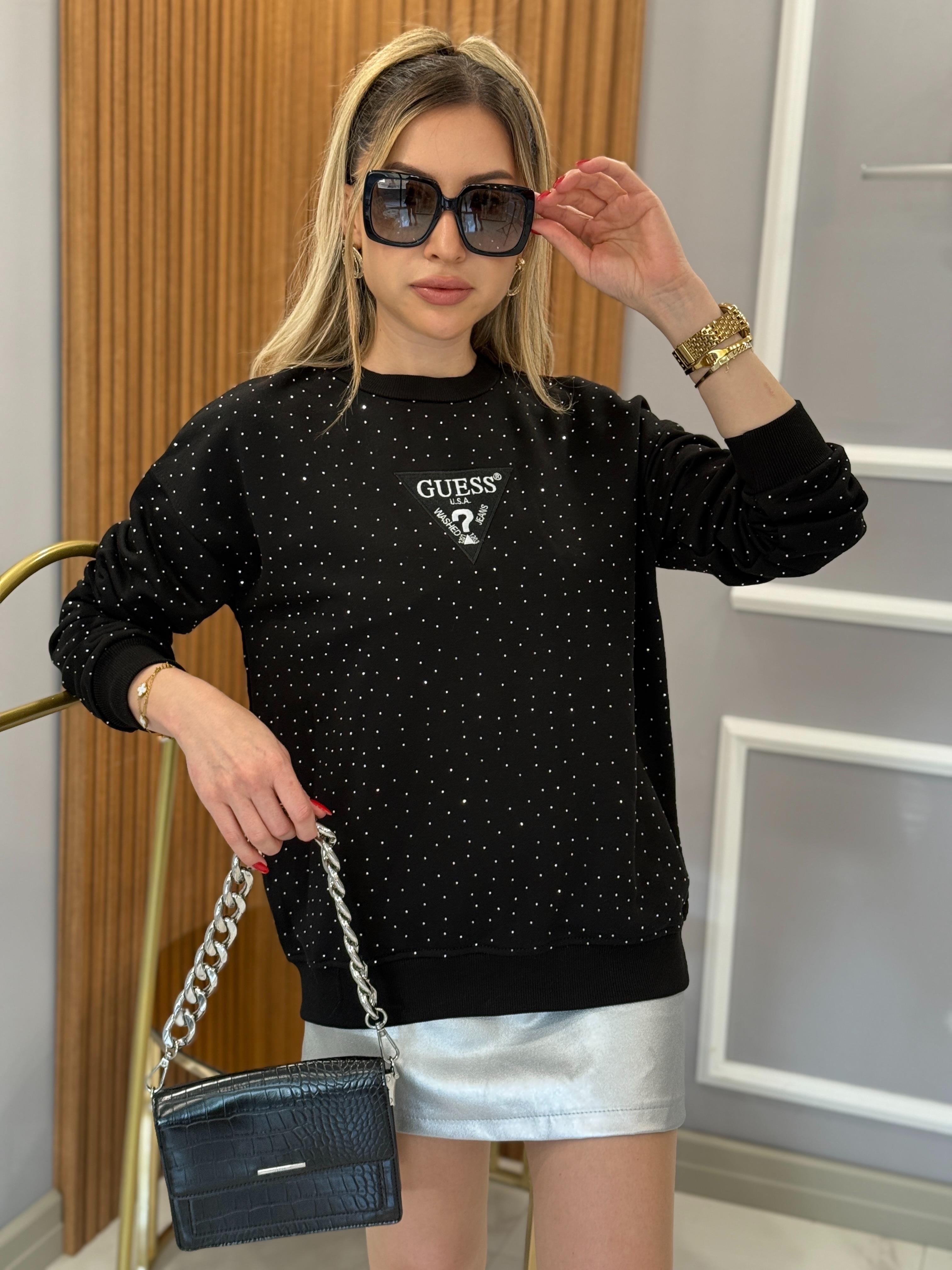 Gu Serpme Taşlı Sweat Boyu 65 cm Siyah
