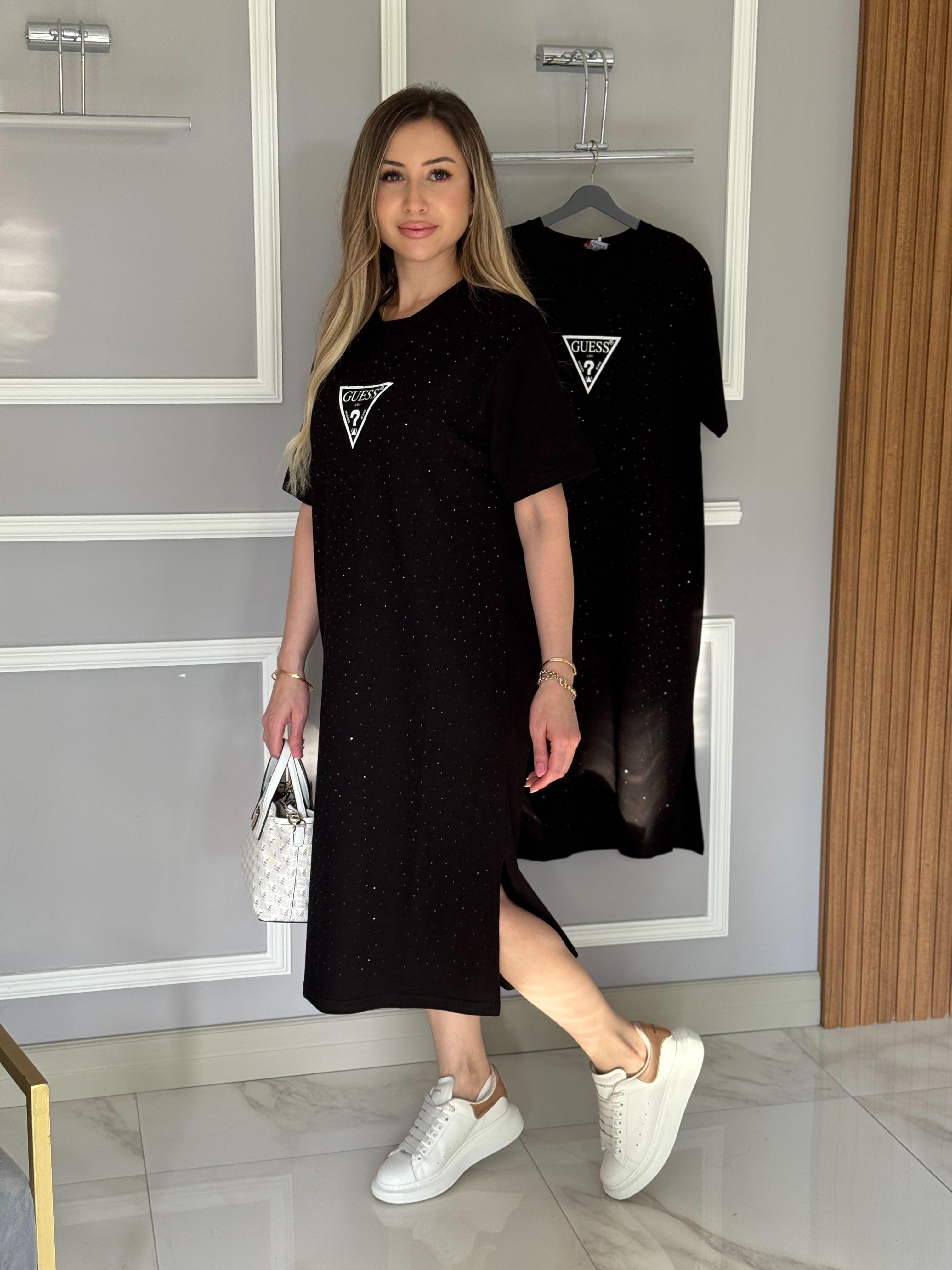 Gu Serpme Taşlı Yandan Tek Yırtmaç Oversize Elbise Siyah