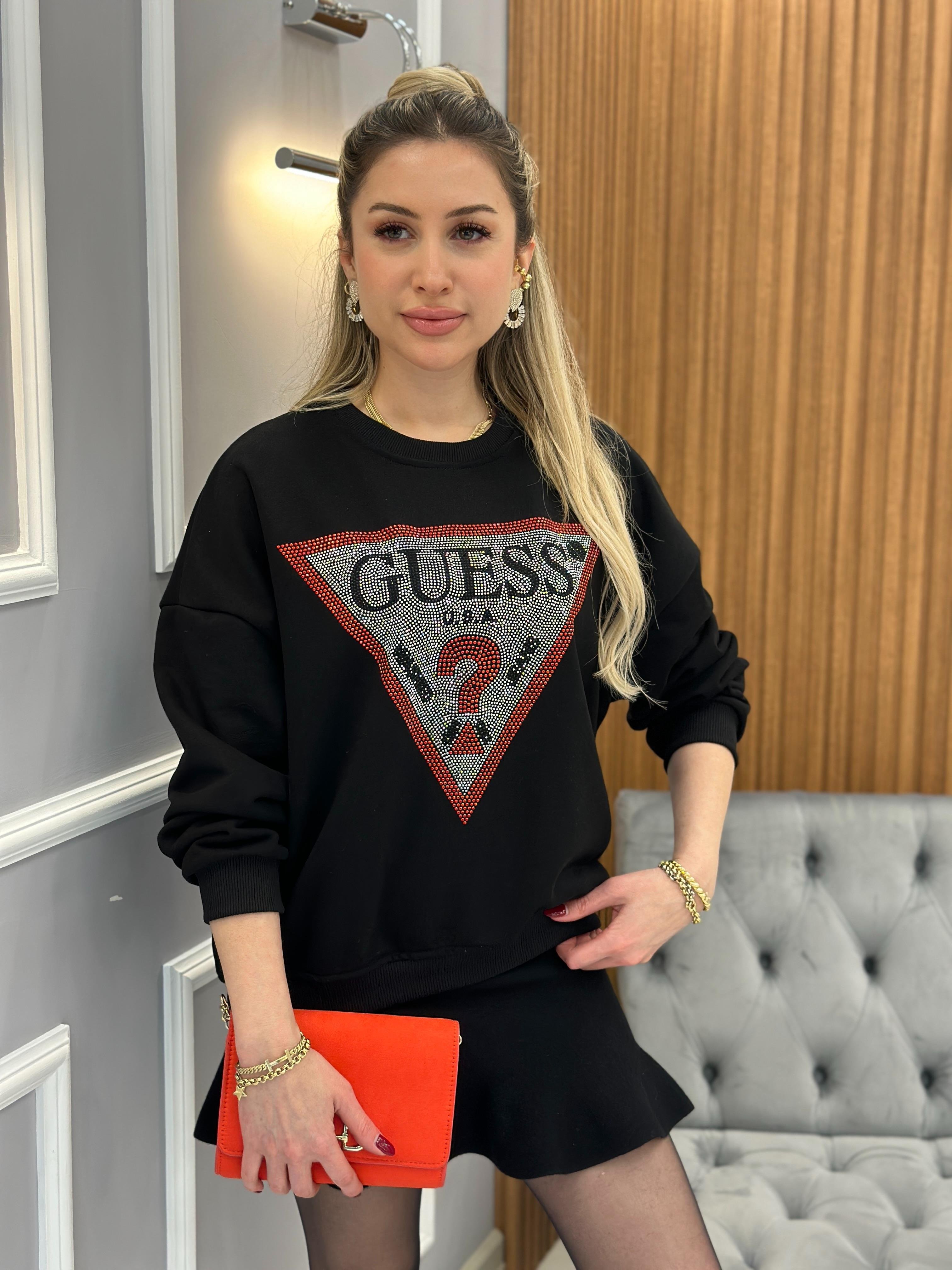 Gu Sweatshirt Kırmızı Şerit Taş Yazı Detaylı Siyah