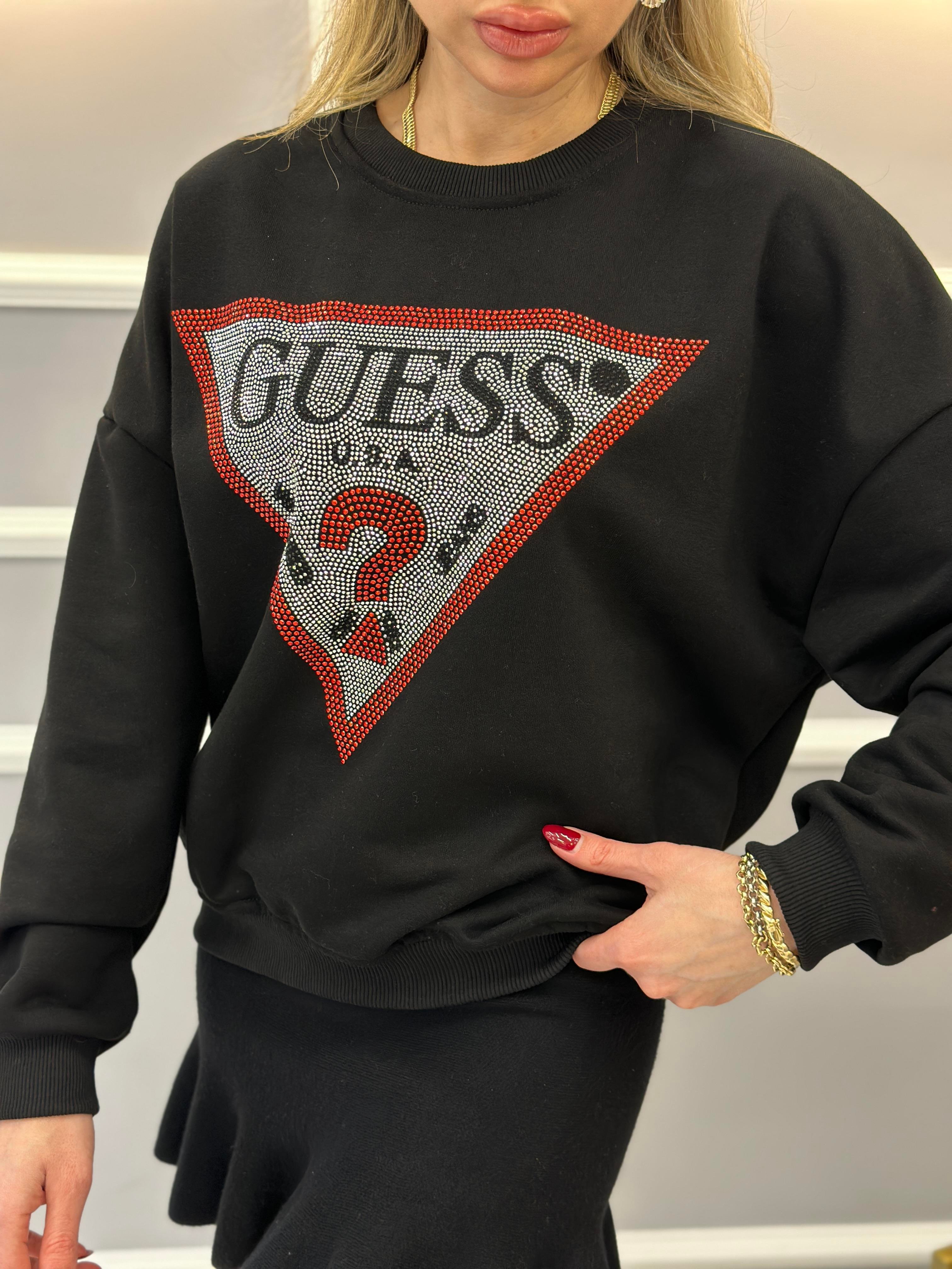 Gu Sweatshirt Kırmızı Şerit Taş Yazı Detaylı Siyah