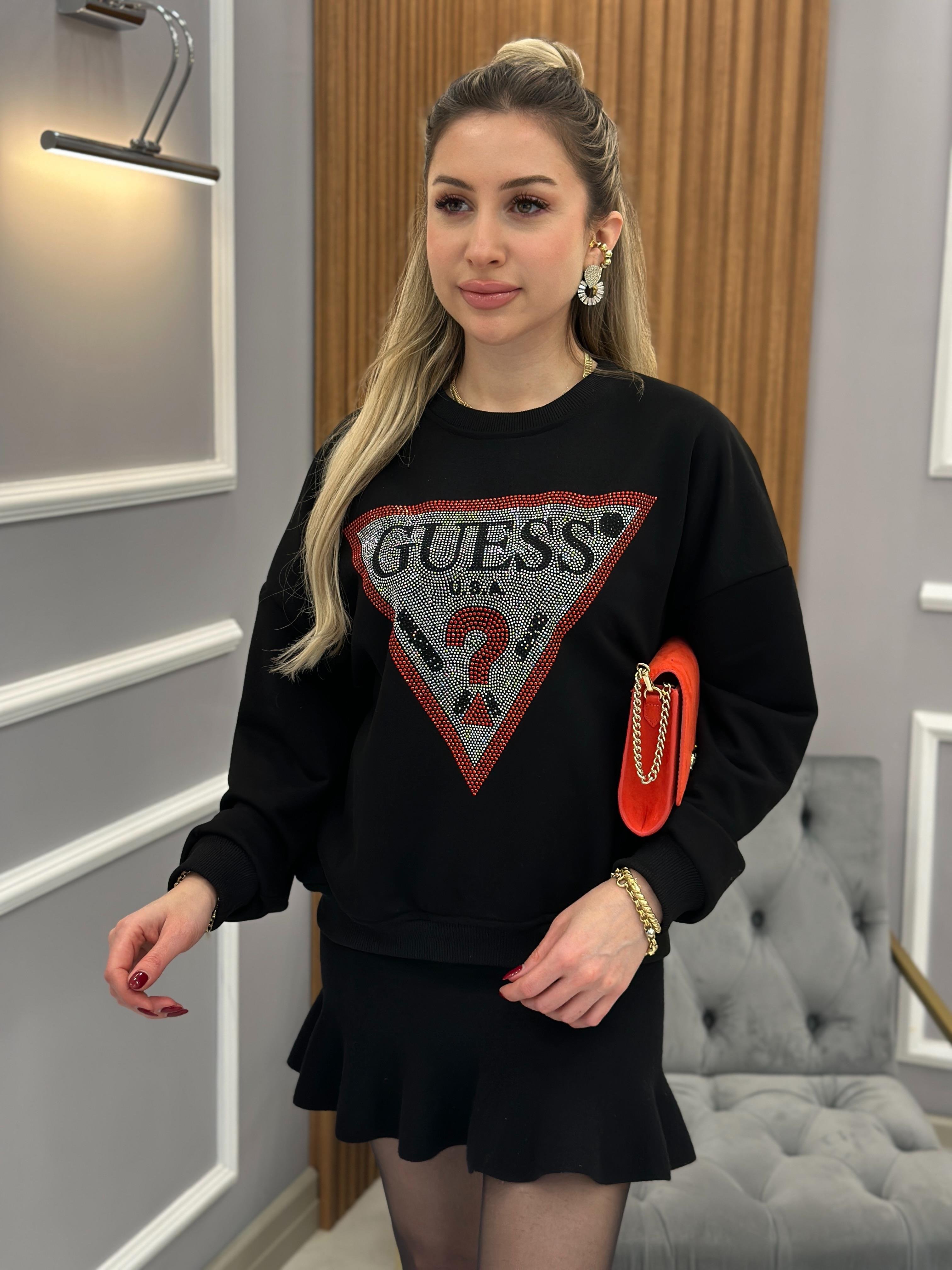 Gu Sweatshirt Kırmızı Şerit Taş Yazı Detaylı Siyah