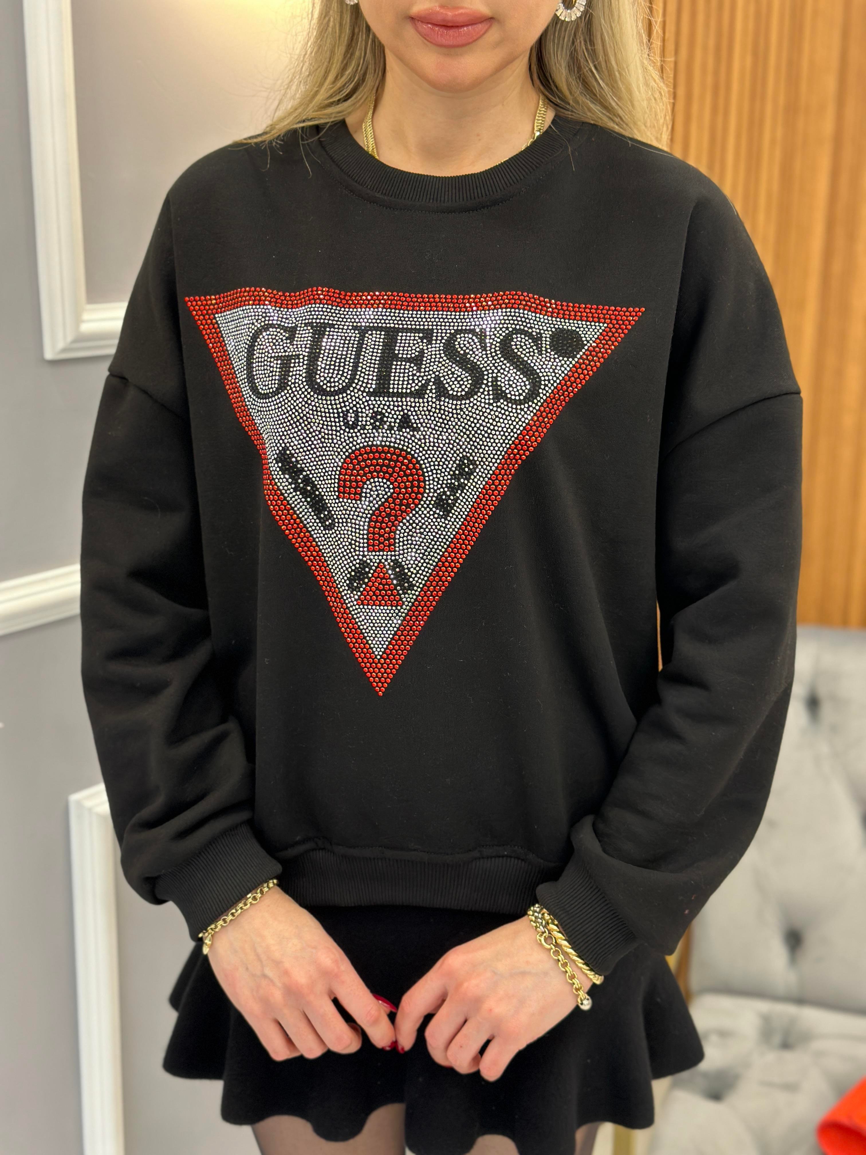 Gu Sweatshirt Kırmızı Şerit Taş Yazı Detaylı Siyah