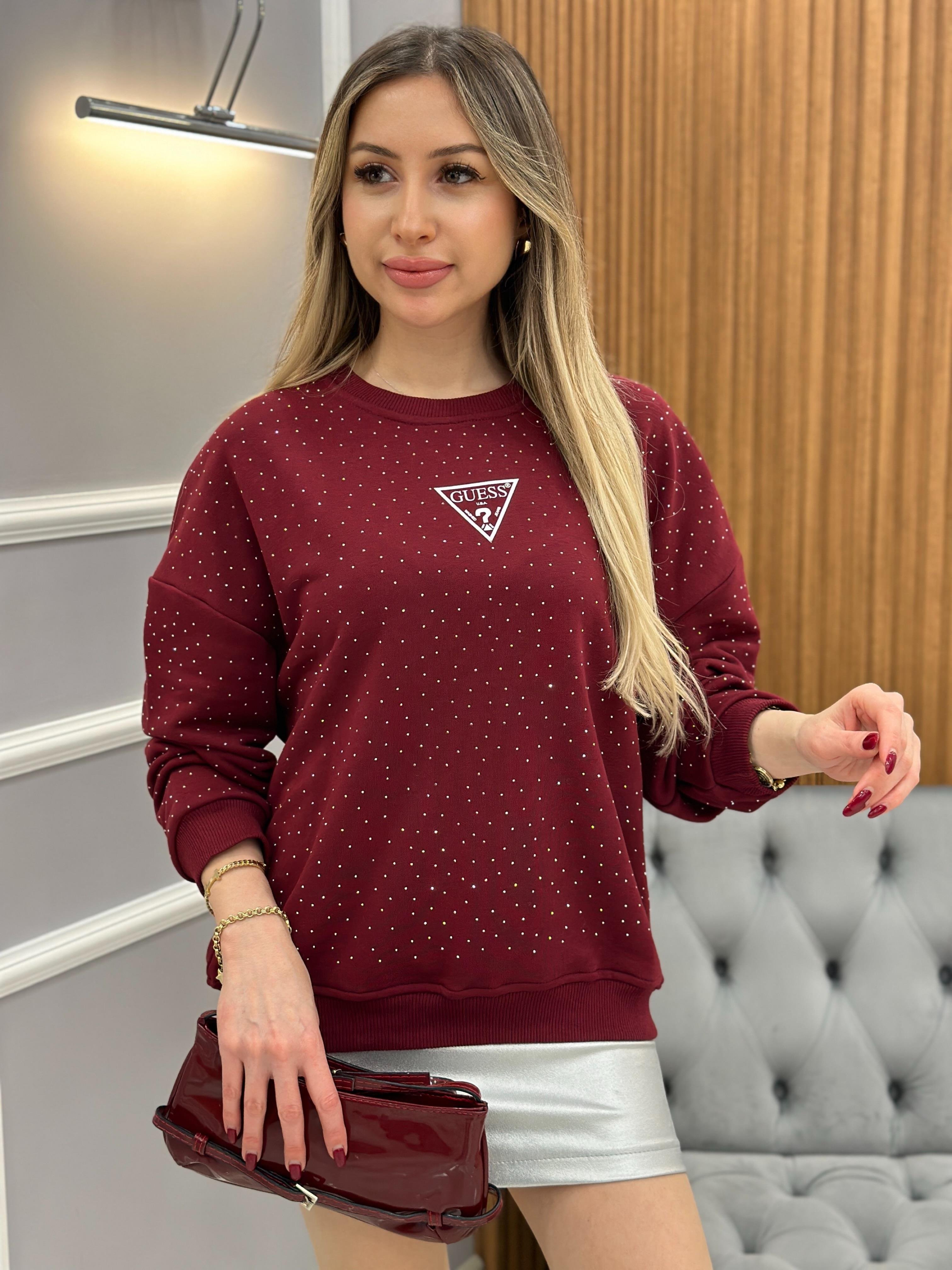 Gu Sweatshirt Serpme Taşlı Bordo