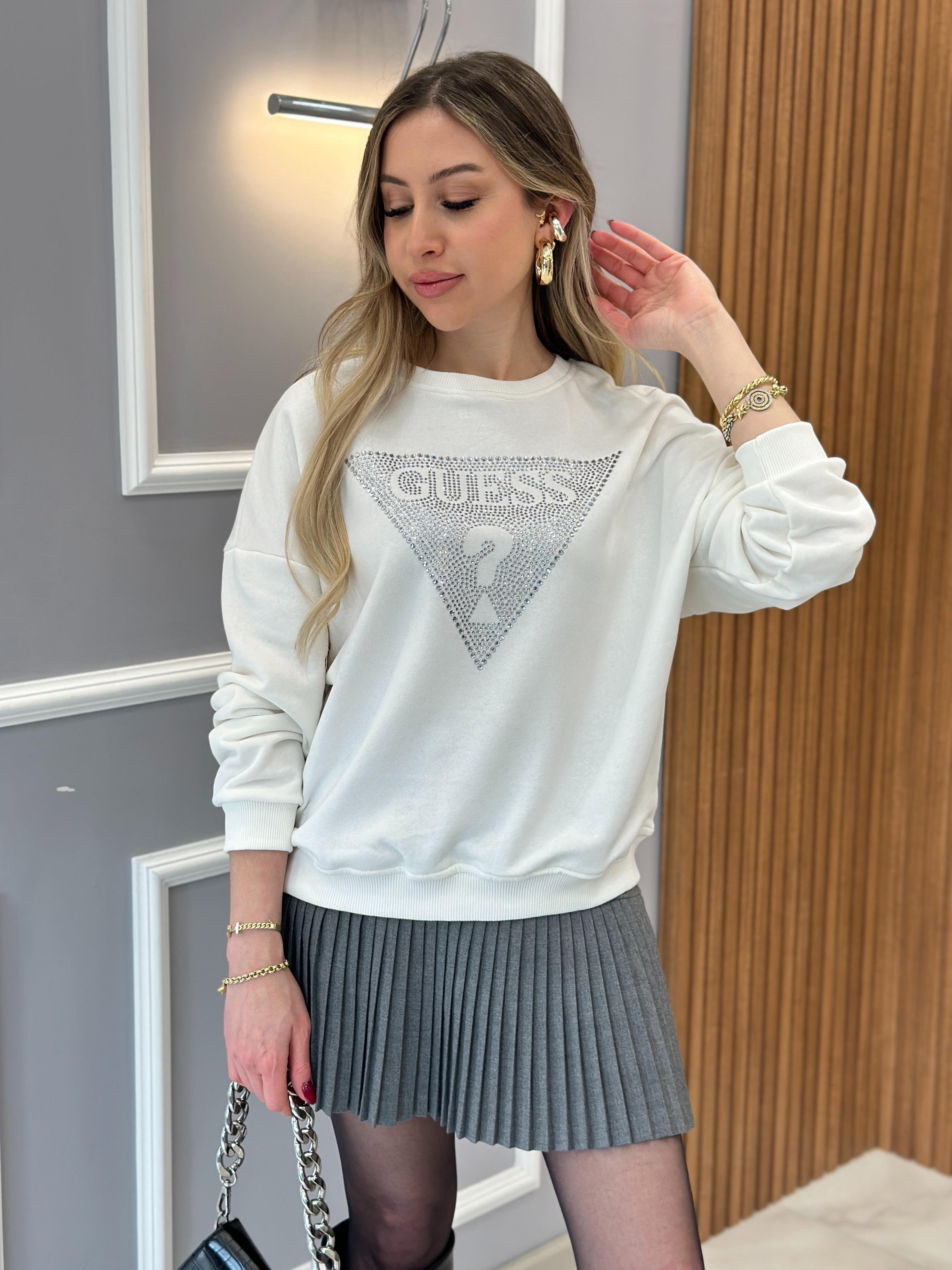 Gu Sweatshirt Silver Yazı Taşlı Ekru