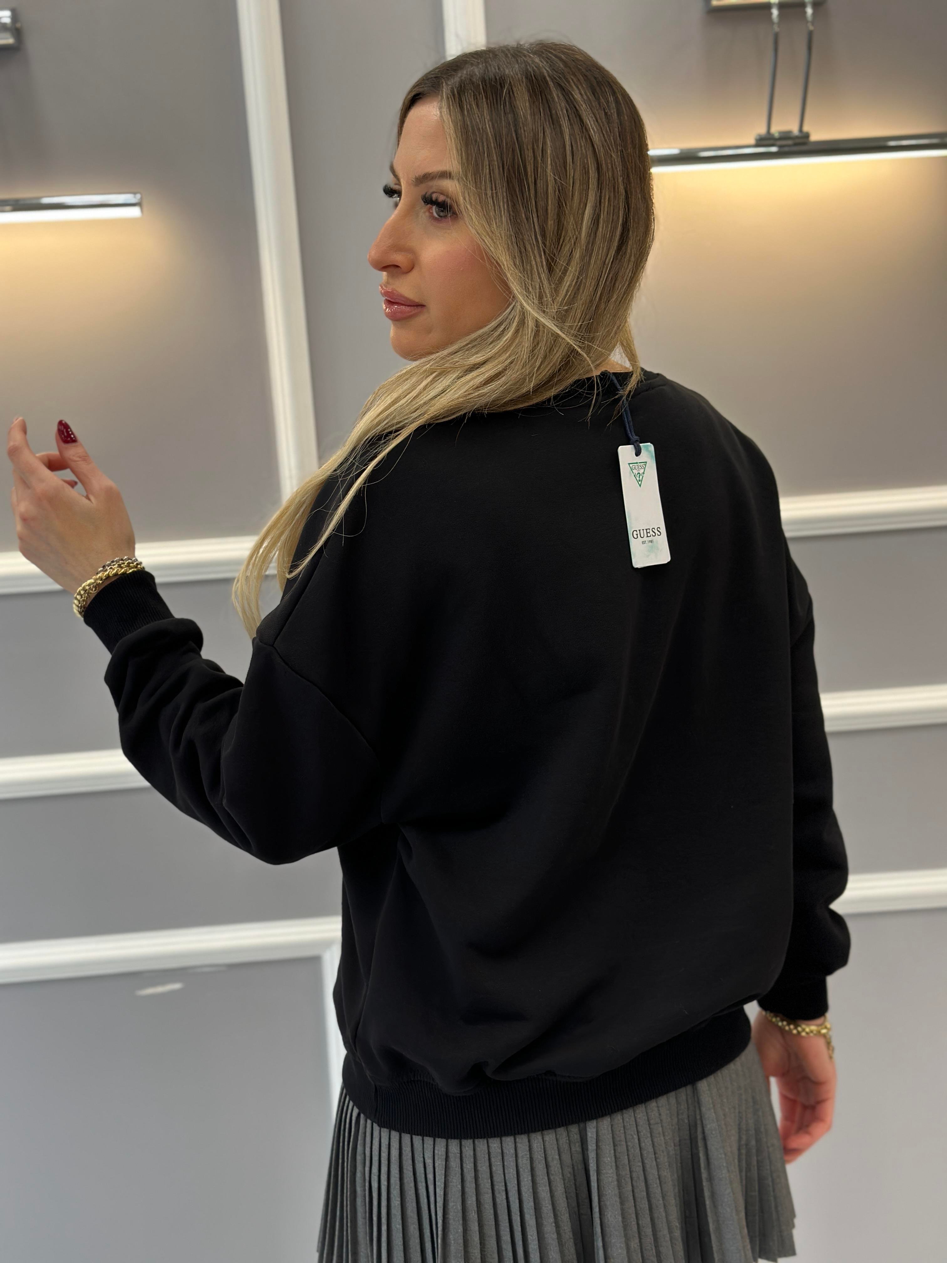 Gu Sweatshirt Silver Yazı Taşlı Siyah