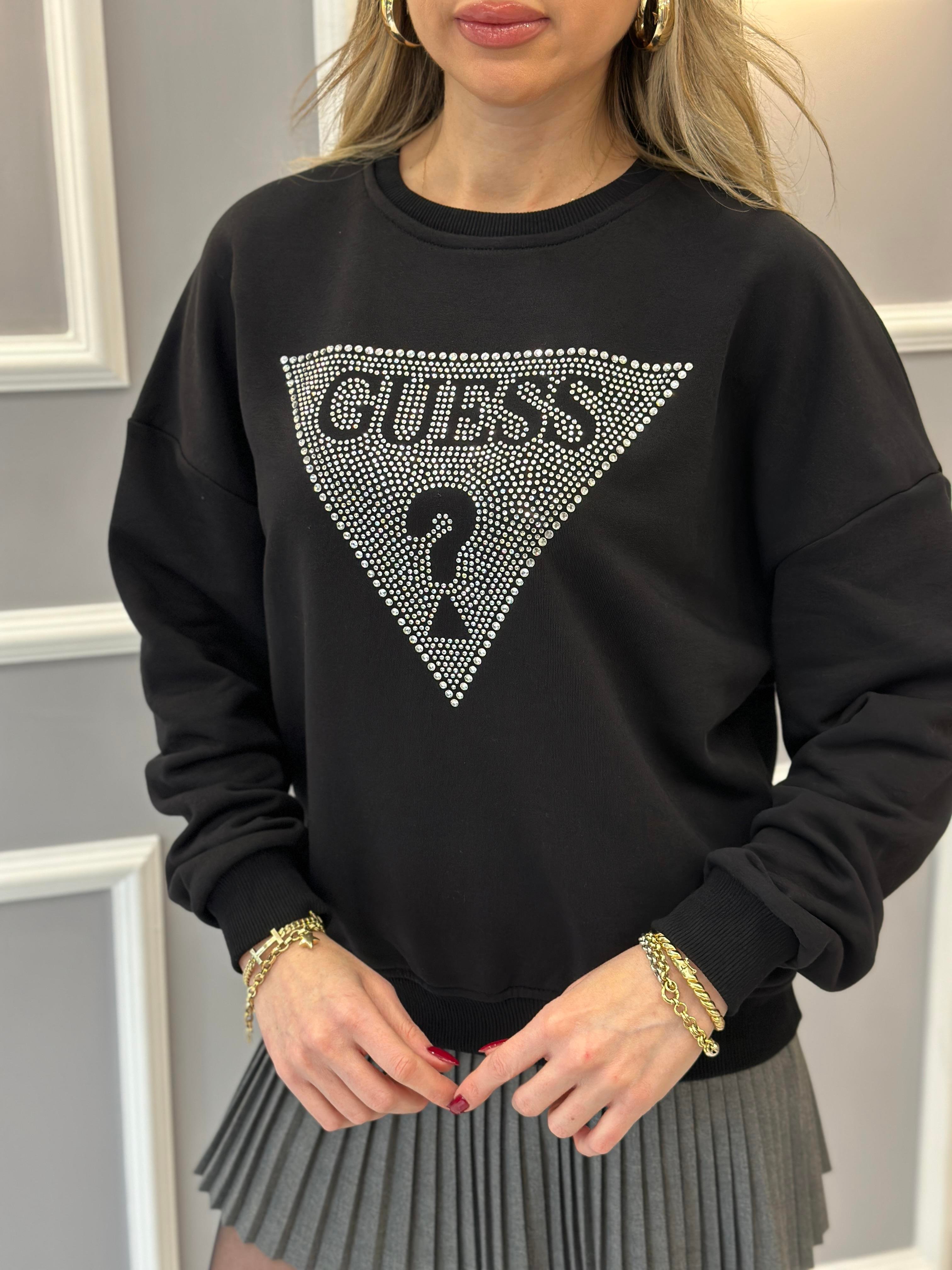 Gu Sweatshirt Silver Yazı Taşlı Siyah
