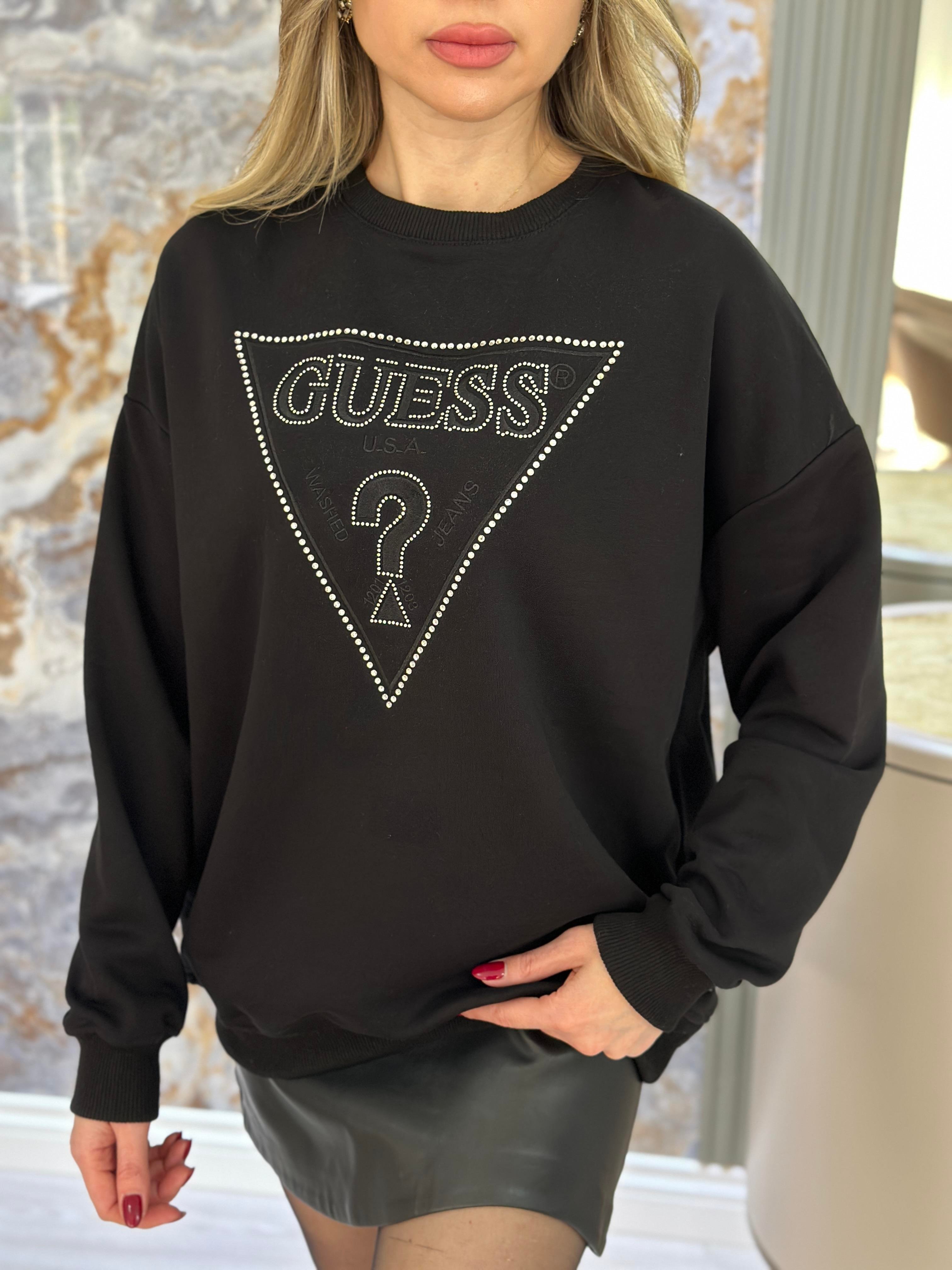 Gu Sweatshirt Taşlı Nakışlı Yazı Detaylı Siyah