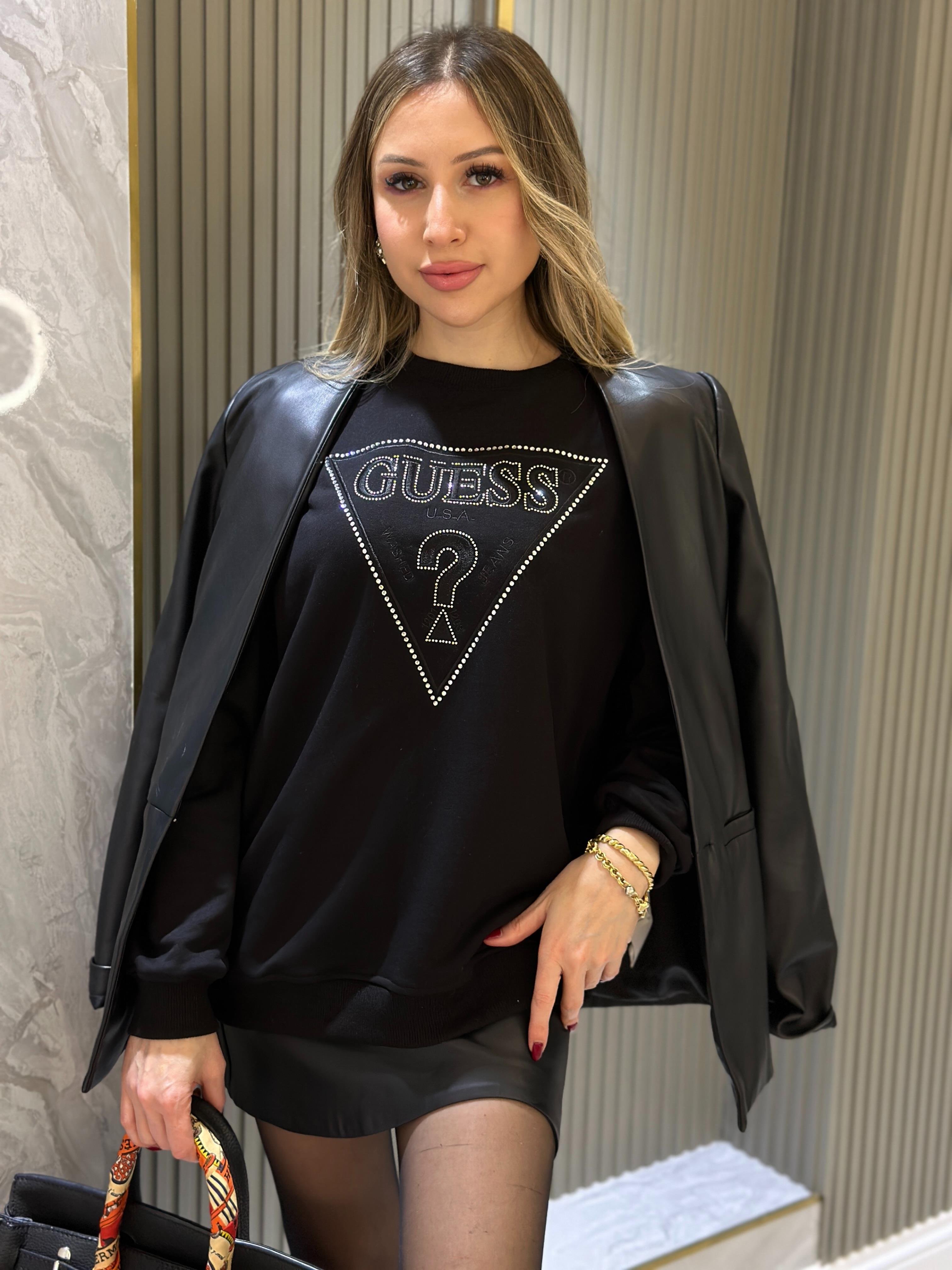Gu Sweatshirt Taşlı Nakışlı Yazı Detaylı Siyah