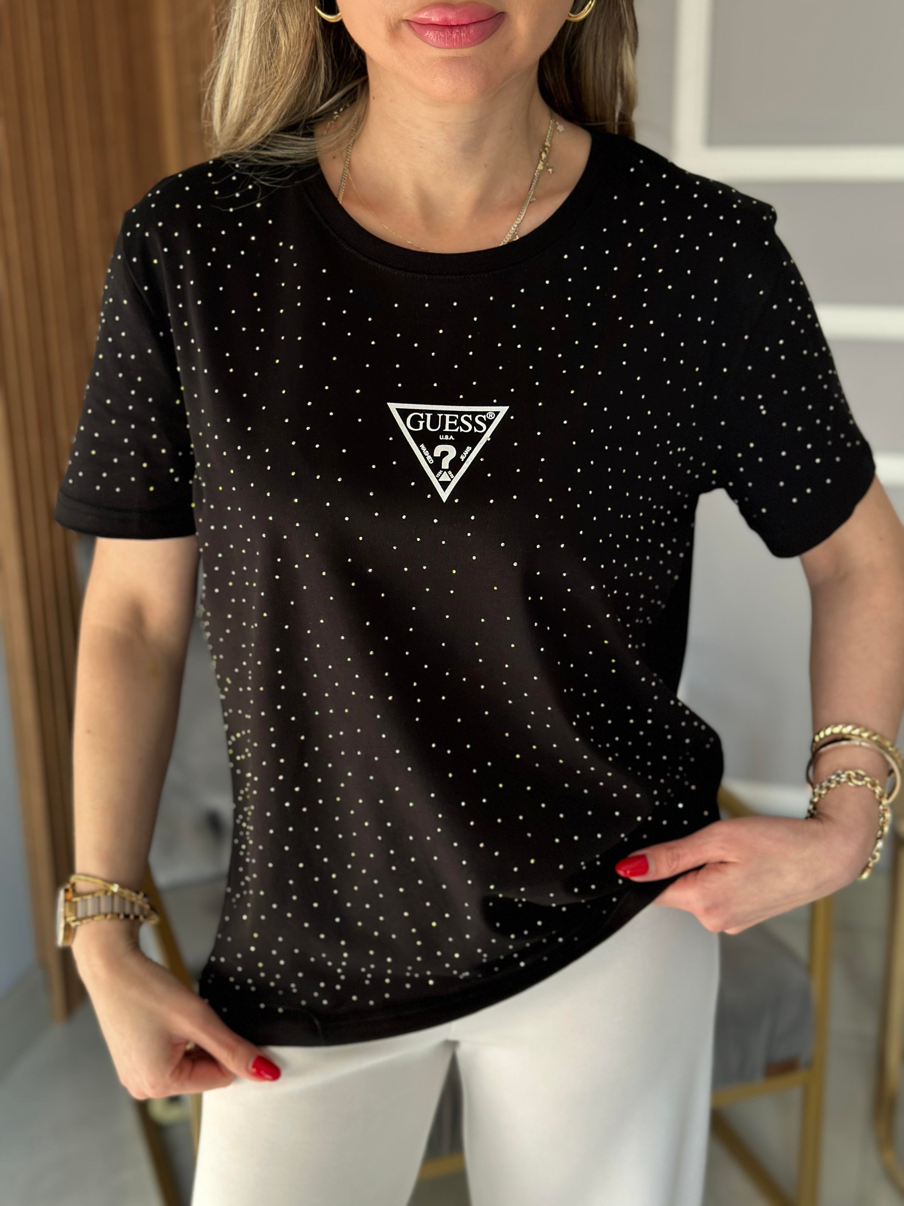 Gu T-shirt Serpme Taşlı Siyah