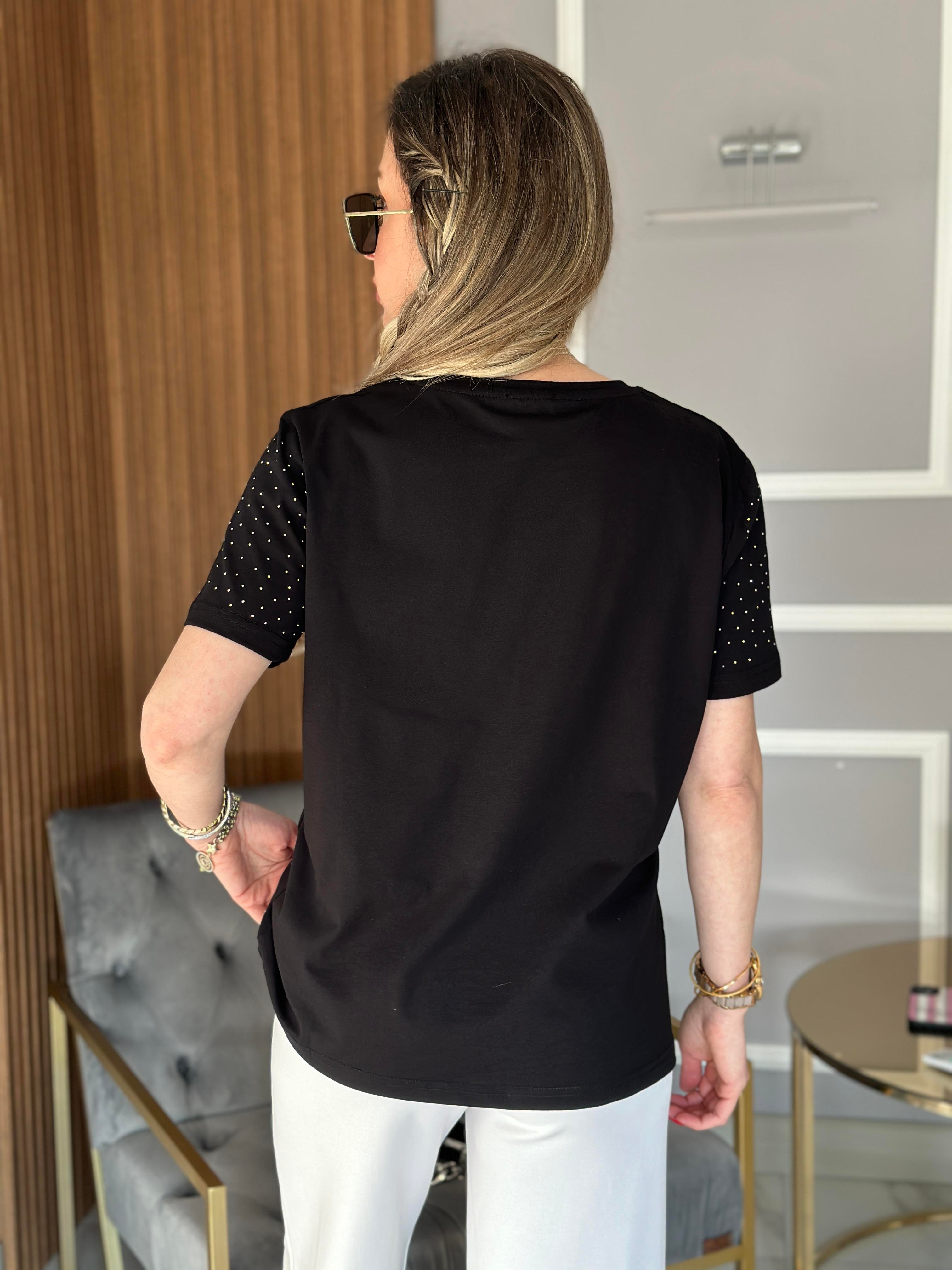 Gu T-shirt Serpme Taşlı Siyah