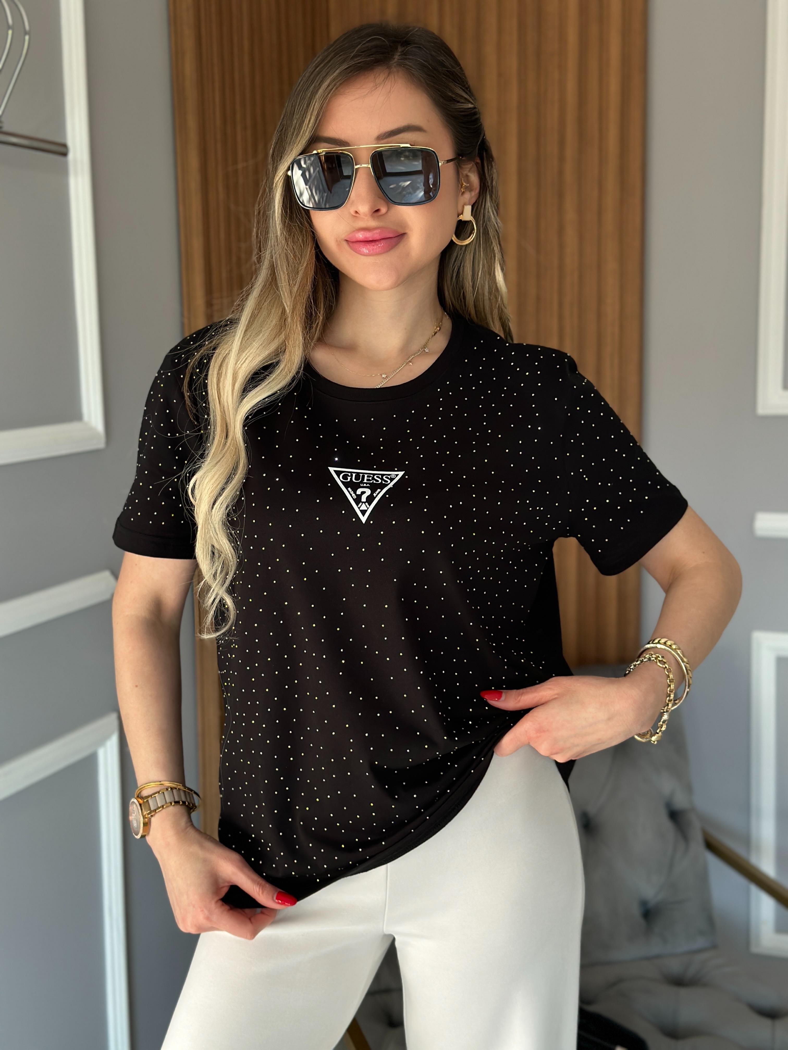 Gu T-shirt Serpme Taşlı Siyah