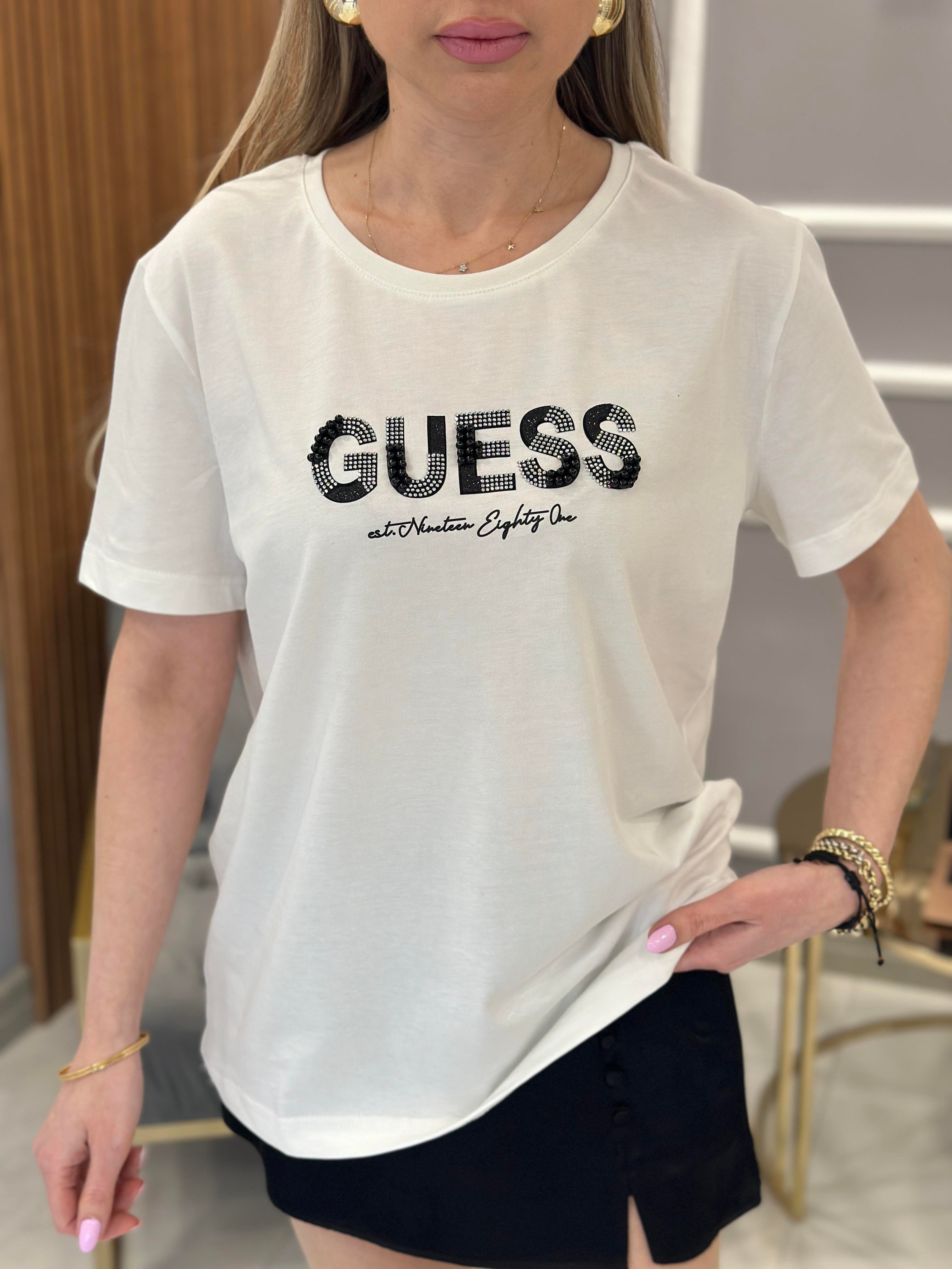 Gu T-shirt Taşlı Yazılı Krem