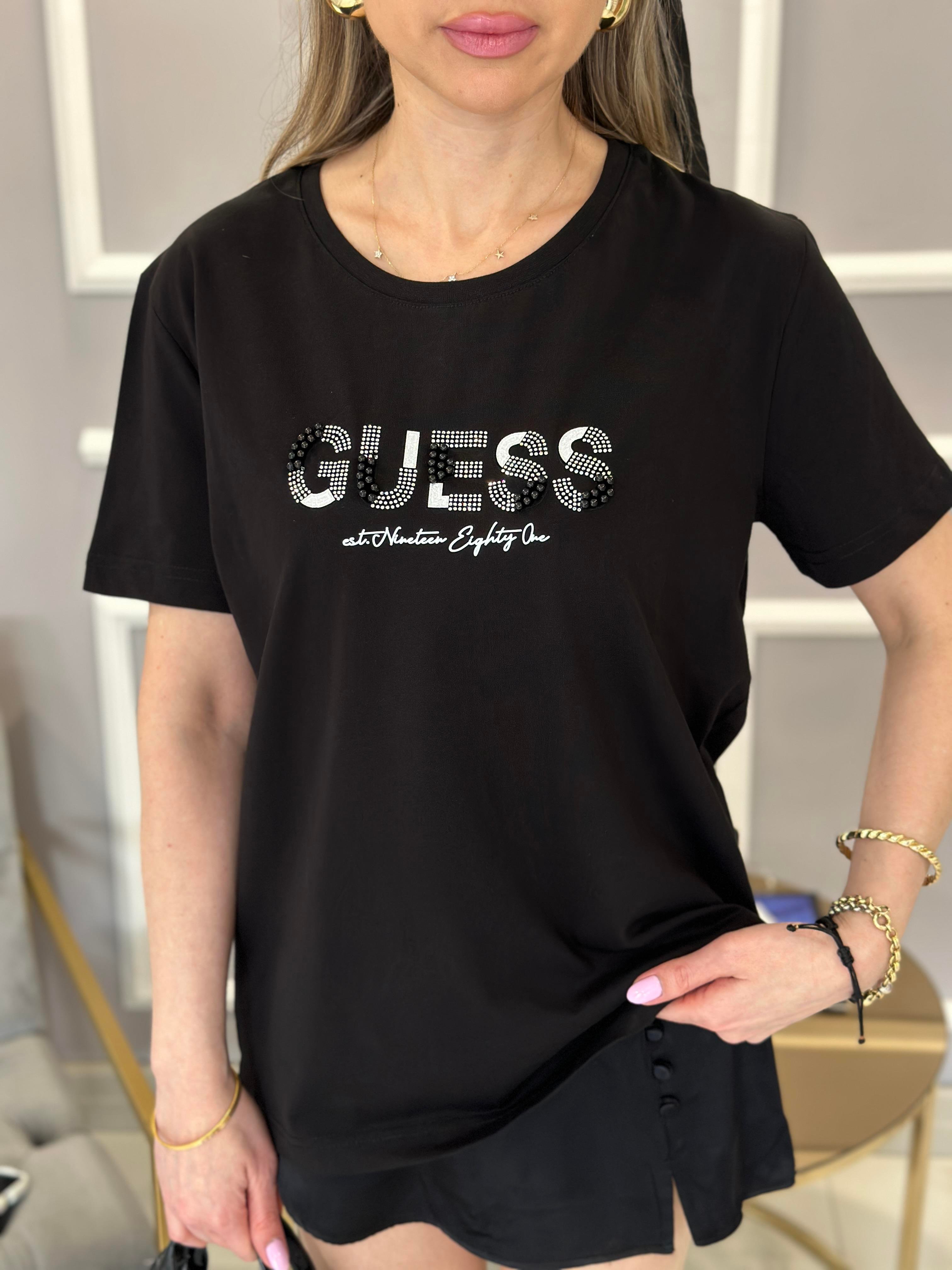 Gu T-shirt Taşlı Yazılı Siyah