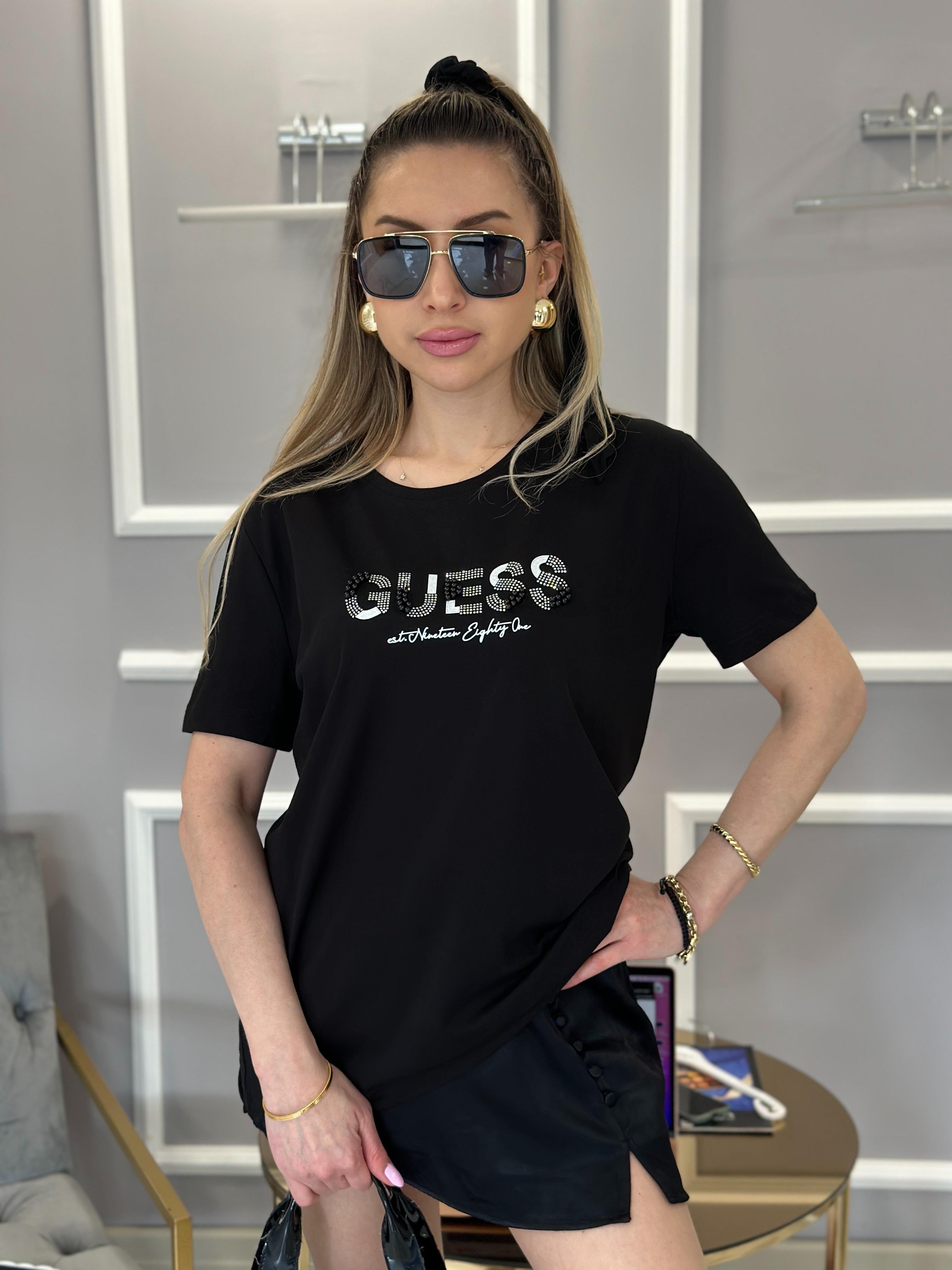 Gu T-shirt Taşlı Yazılı Siyah