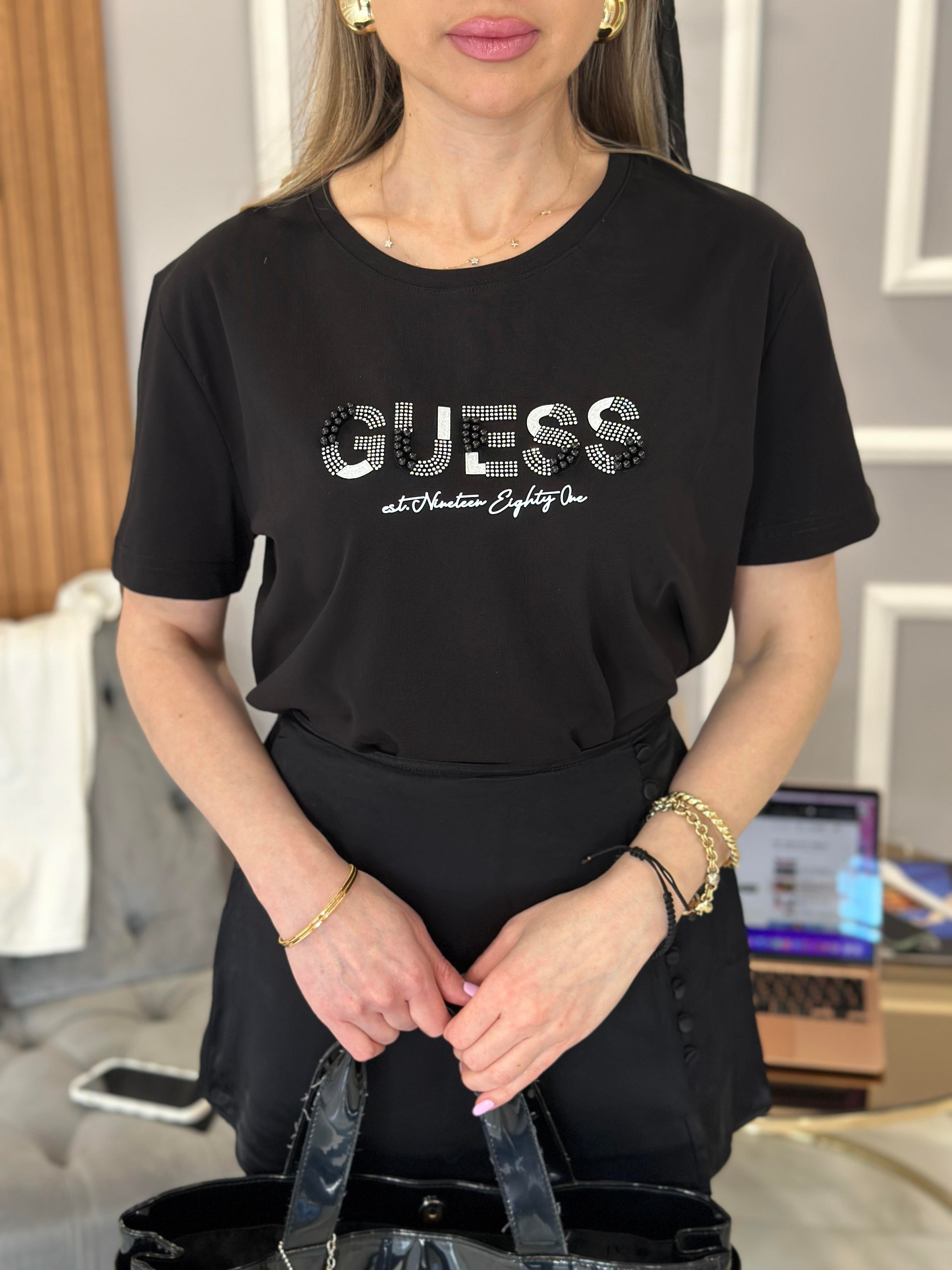 Gu T-shirt Taşlı Yazılı Siyah