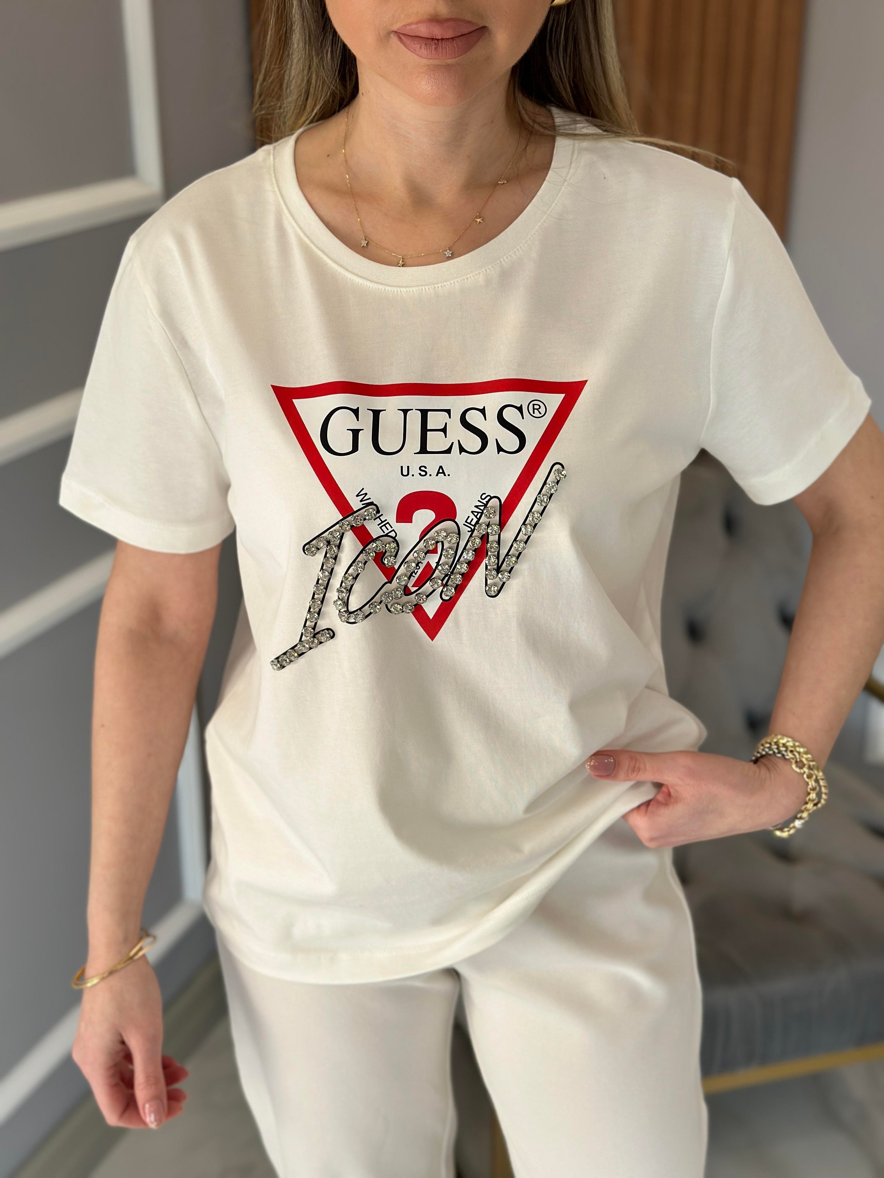 Gu Taş Yazı Detaylı Ekru T-shirt