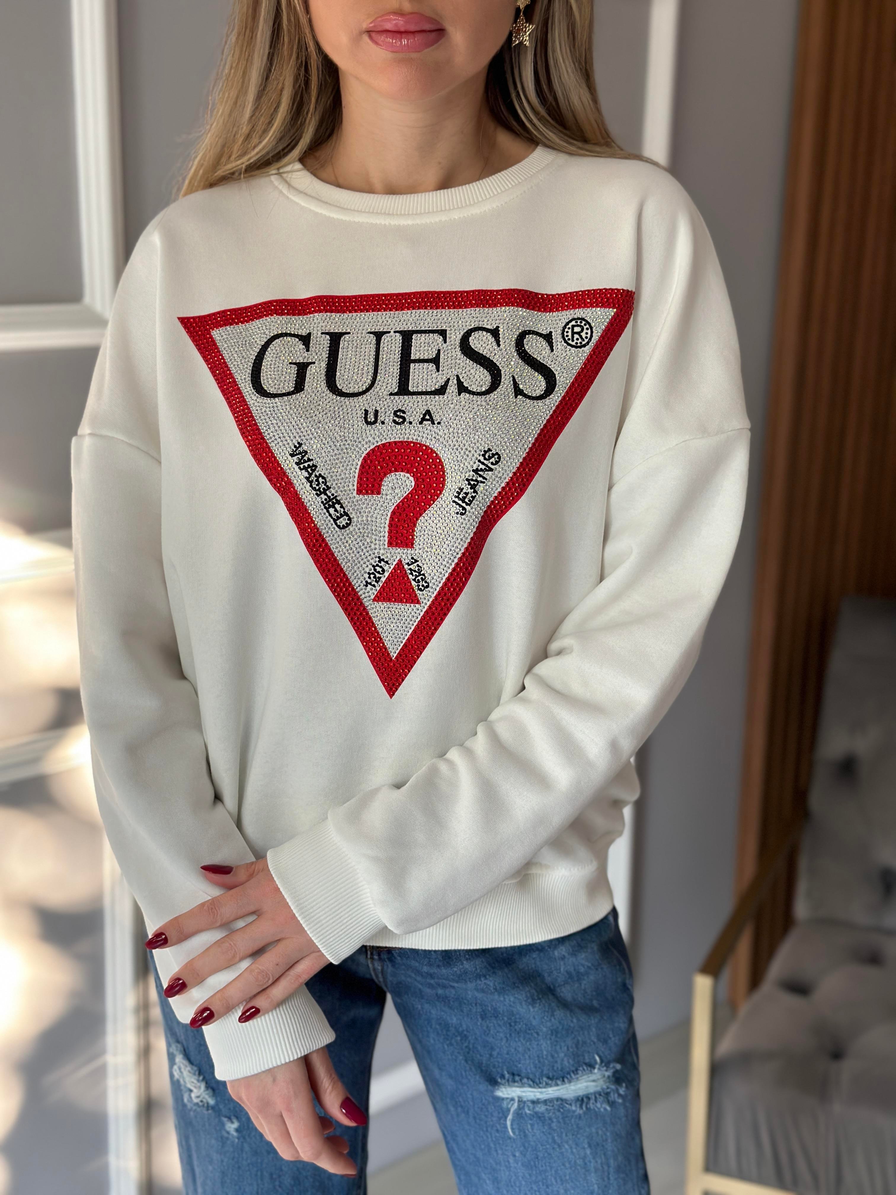 Gu Taşlı Yazı Detaylı Sweatshirt Ekru