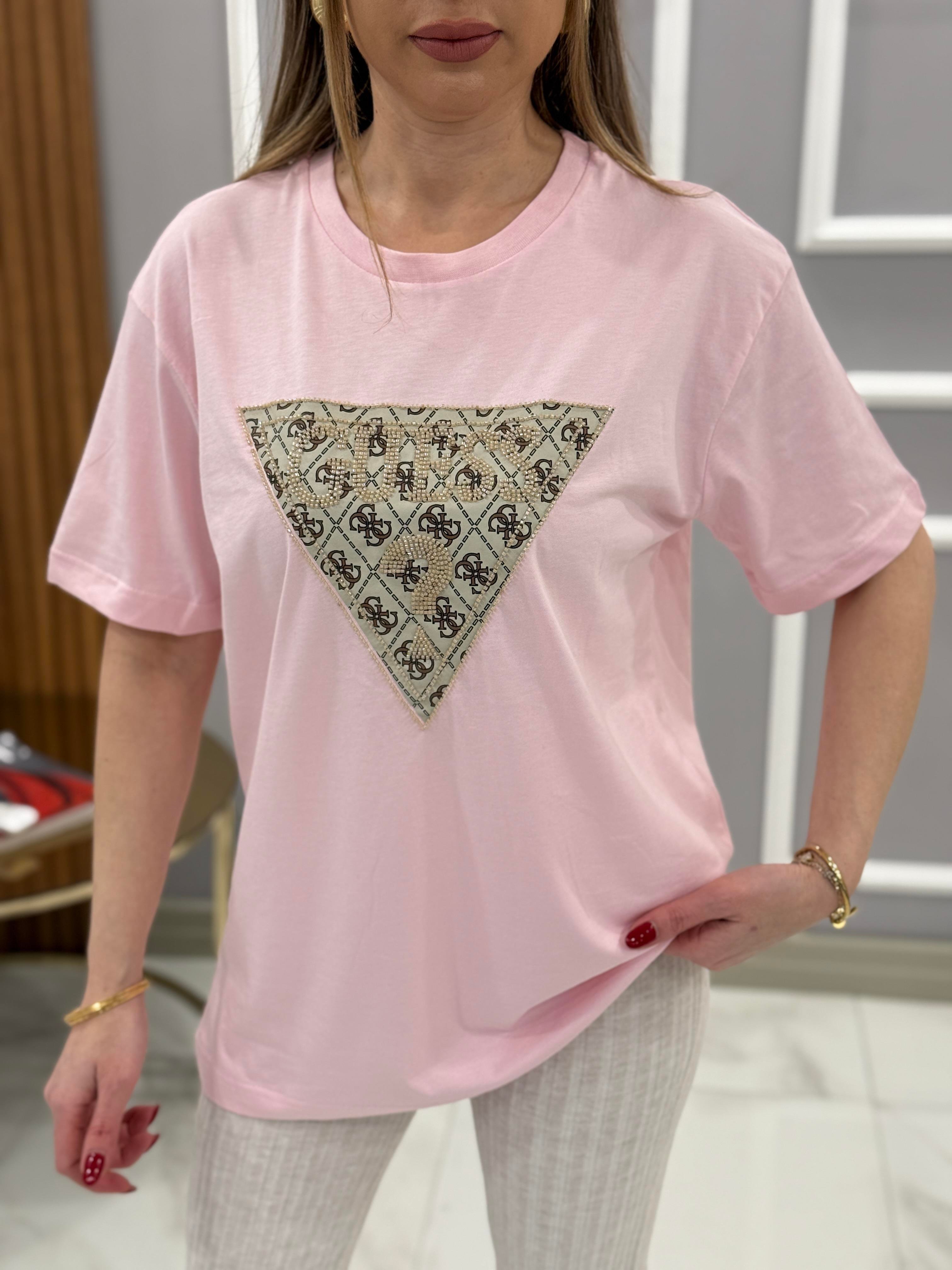 Gu Üçgen Baskılı Pembe Tişört 