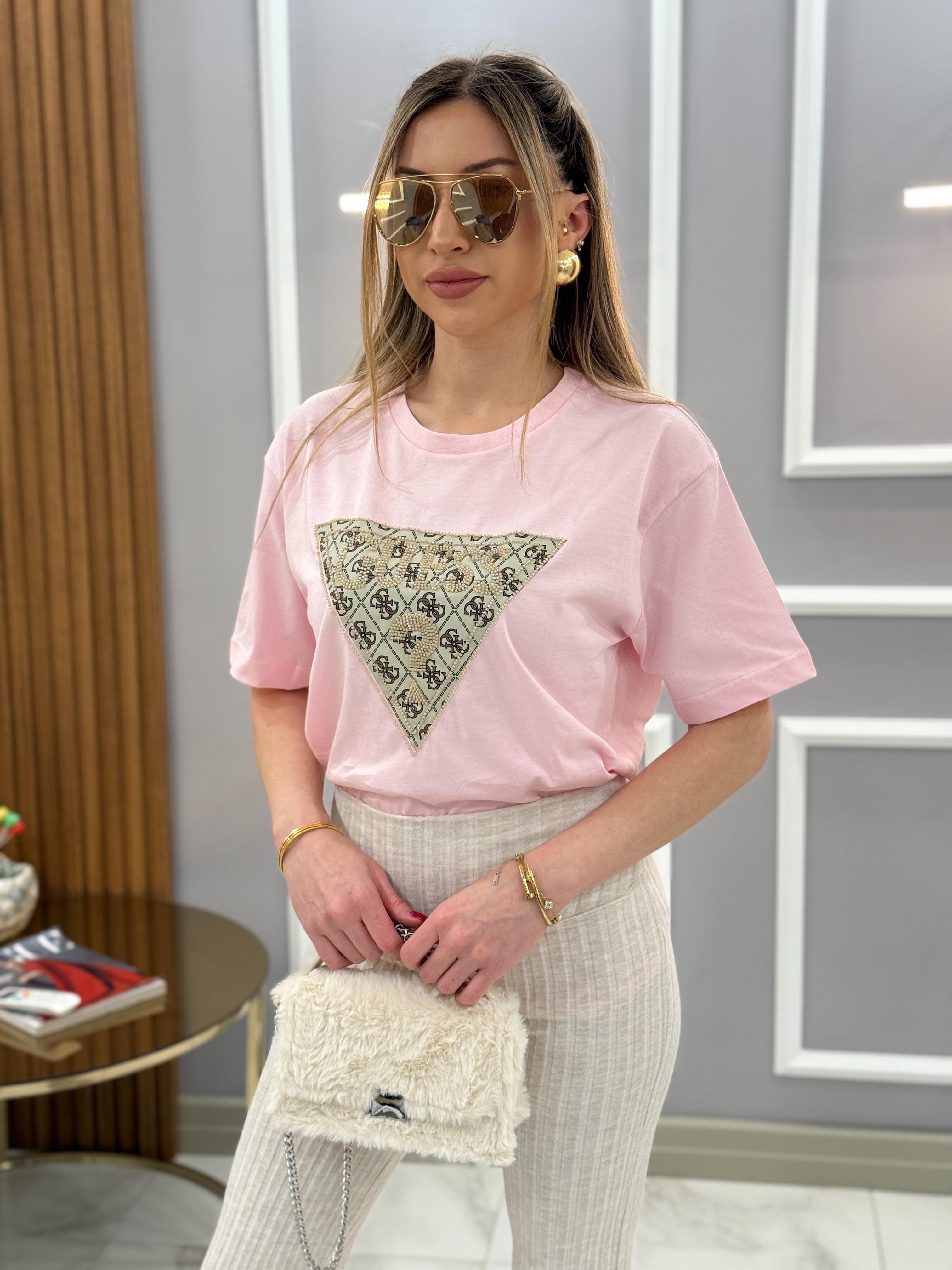 Gu Üçgen Baskılı Pembe Tişört 