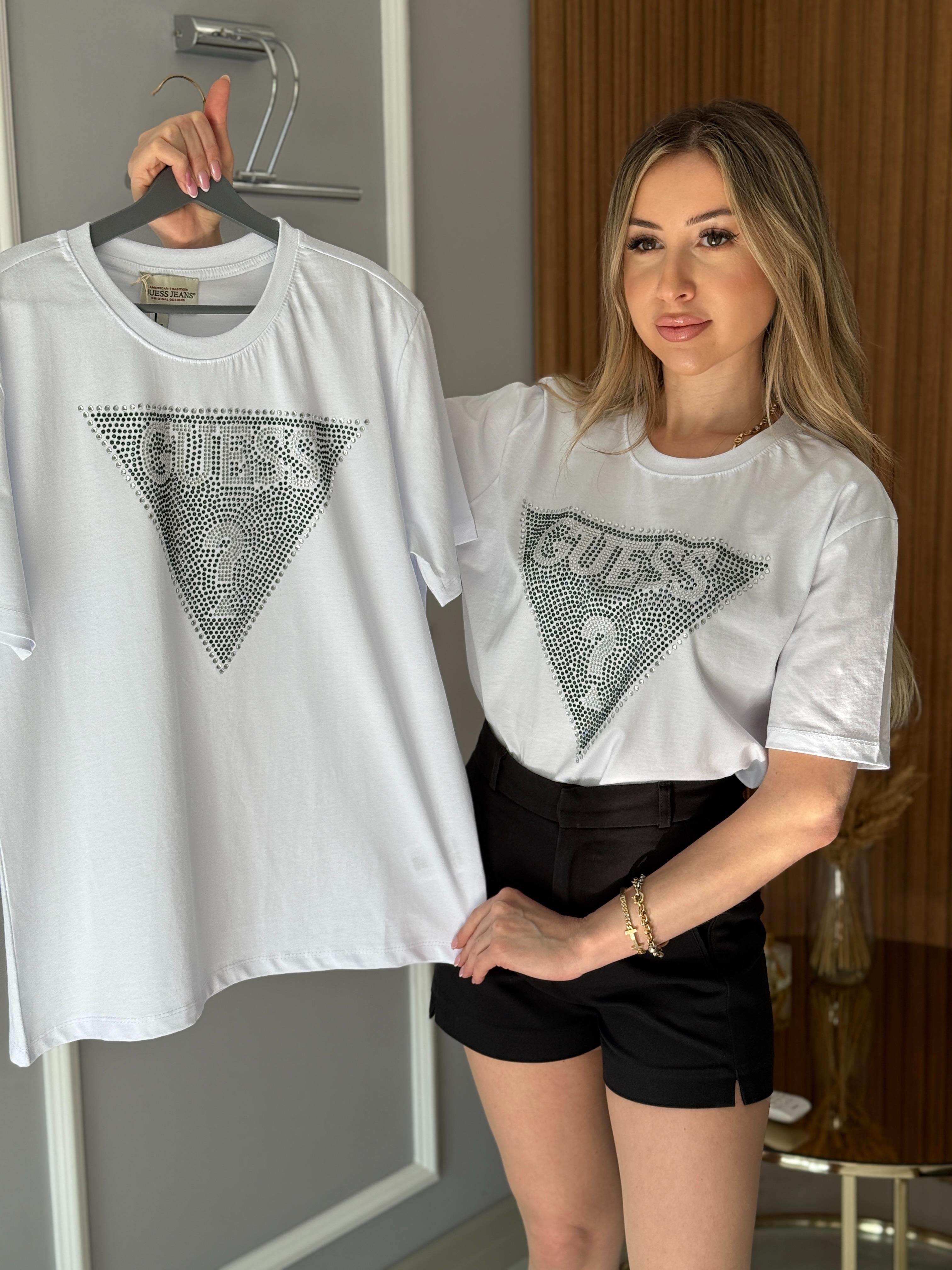 Gu Üçgen Full Taşlı Beyaz Tişört