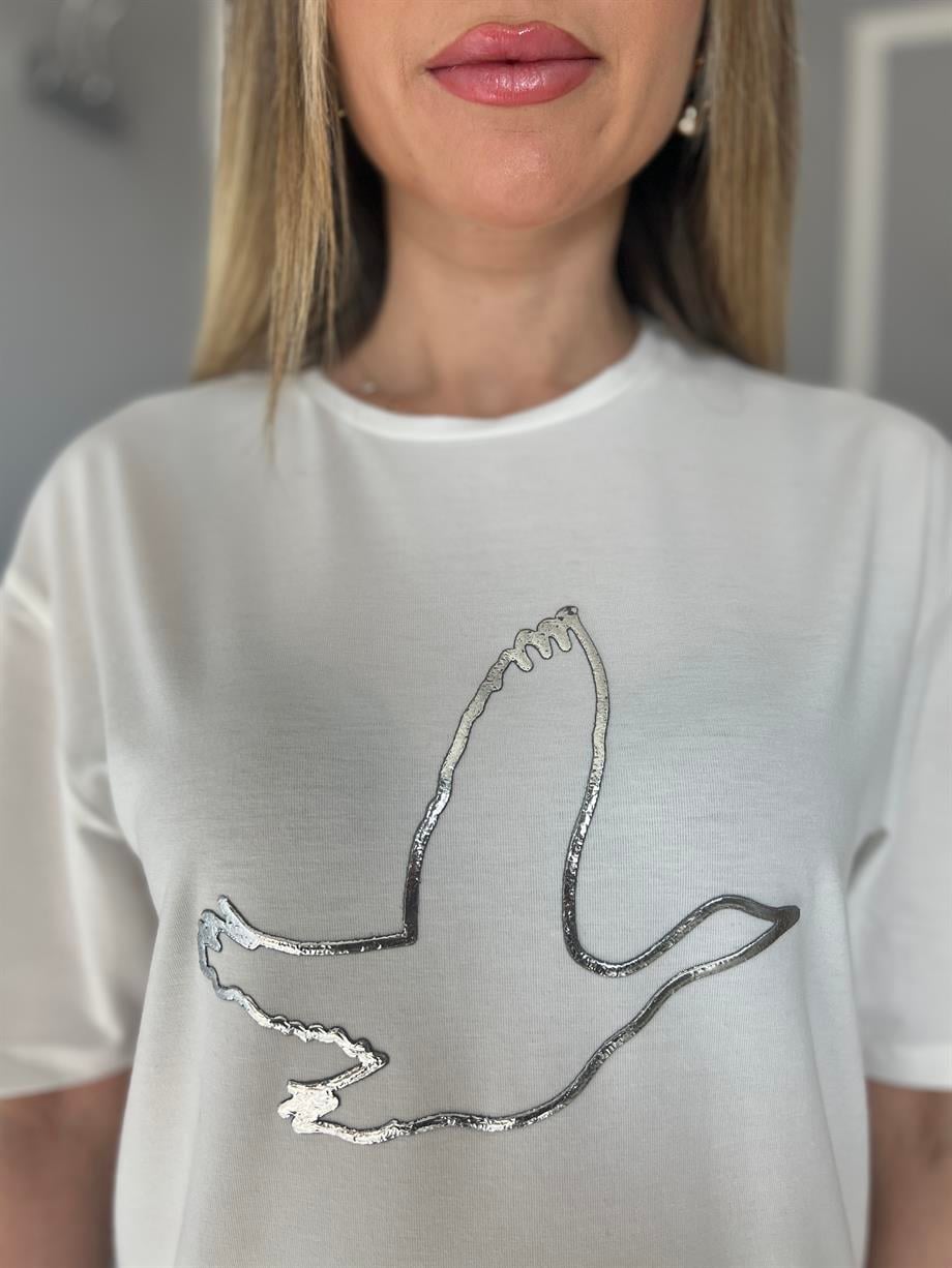 Gümüş Detaylı Tshirt Beyaz