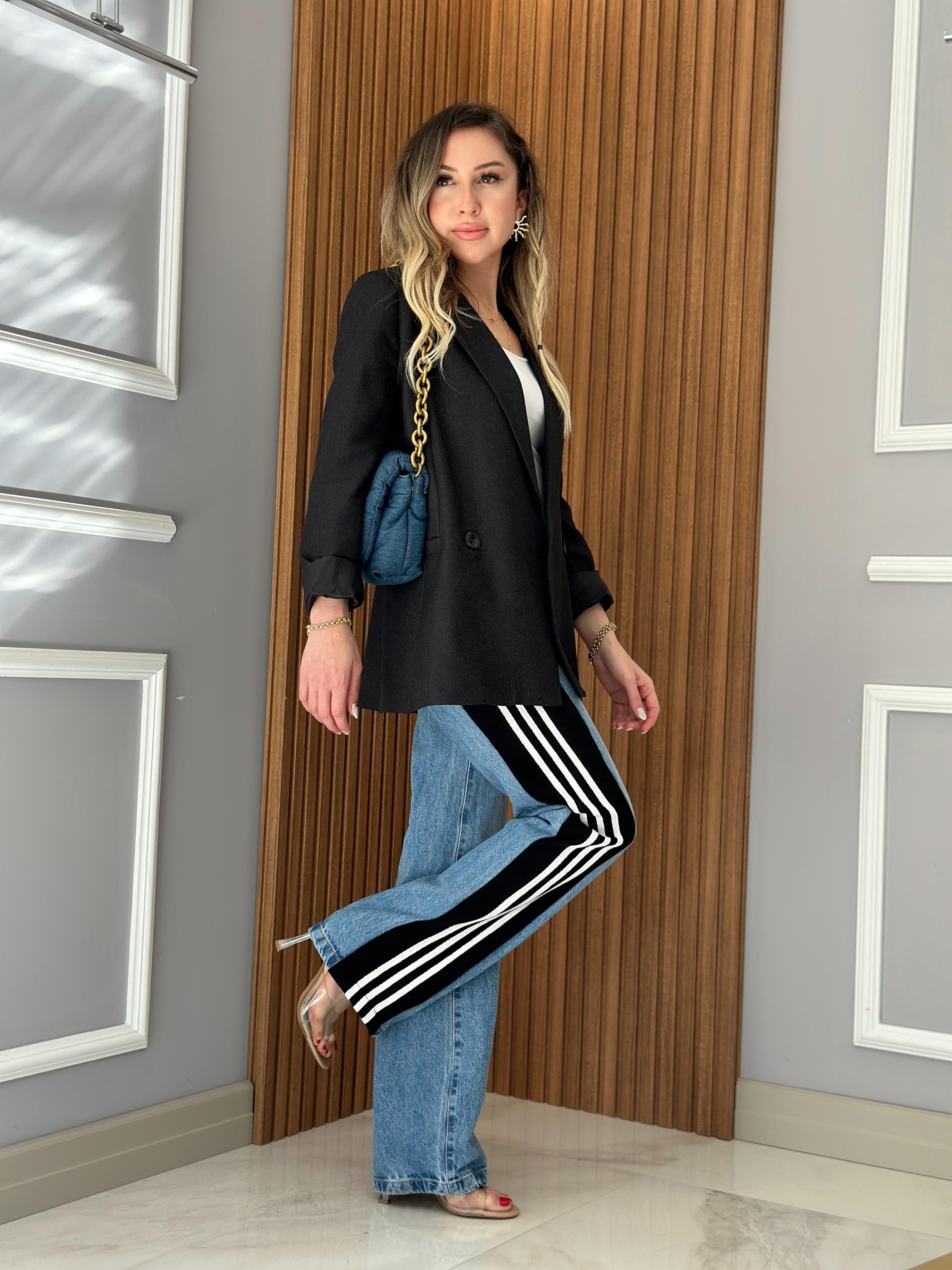Jeans Beli Lastikli Palazzo Yandan Şeritli Mavi