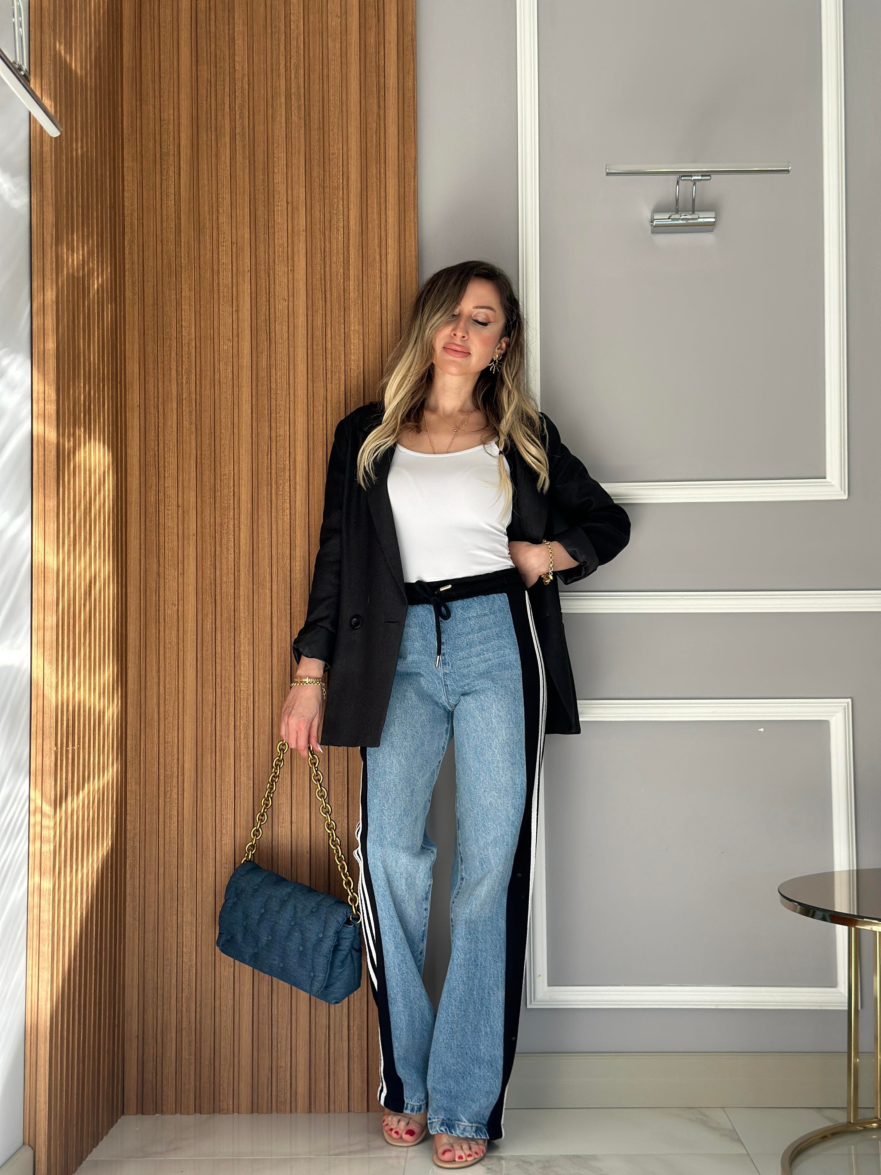 Jeans Beli Lastikli Palazzo Yandan Şeritli Mavi