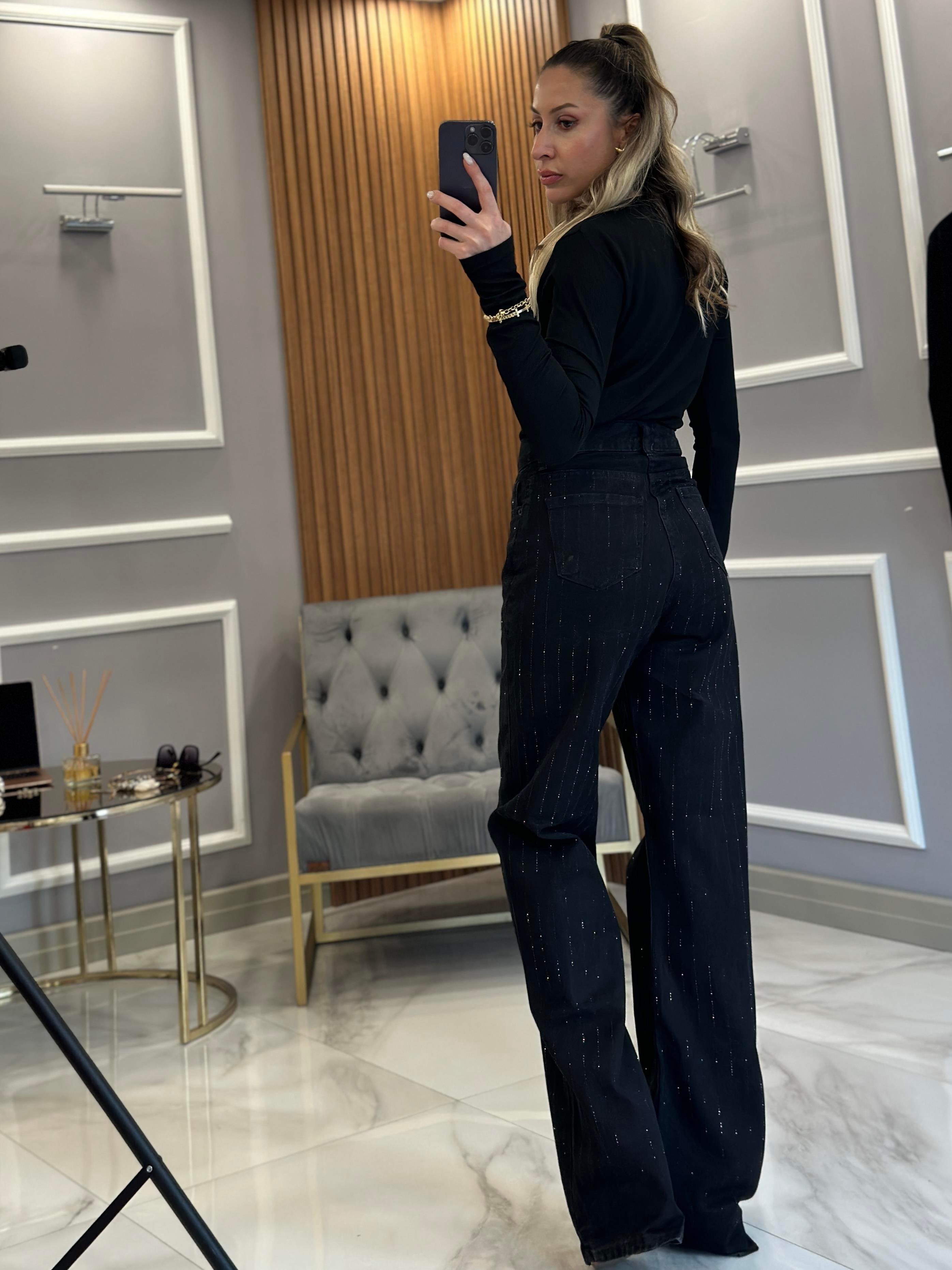 Jeans Taşlı Yüksek Bel Palazzo Siyah