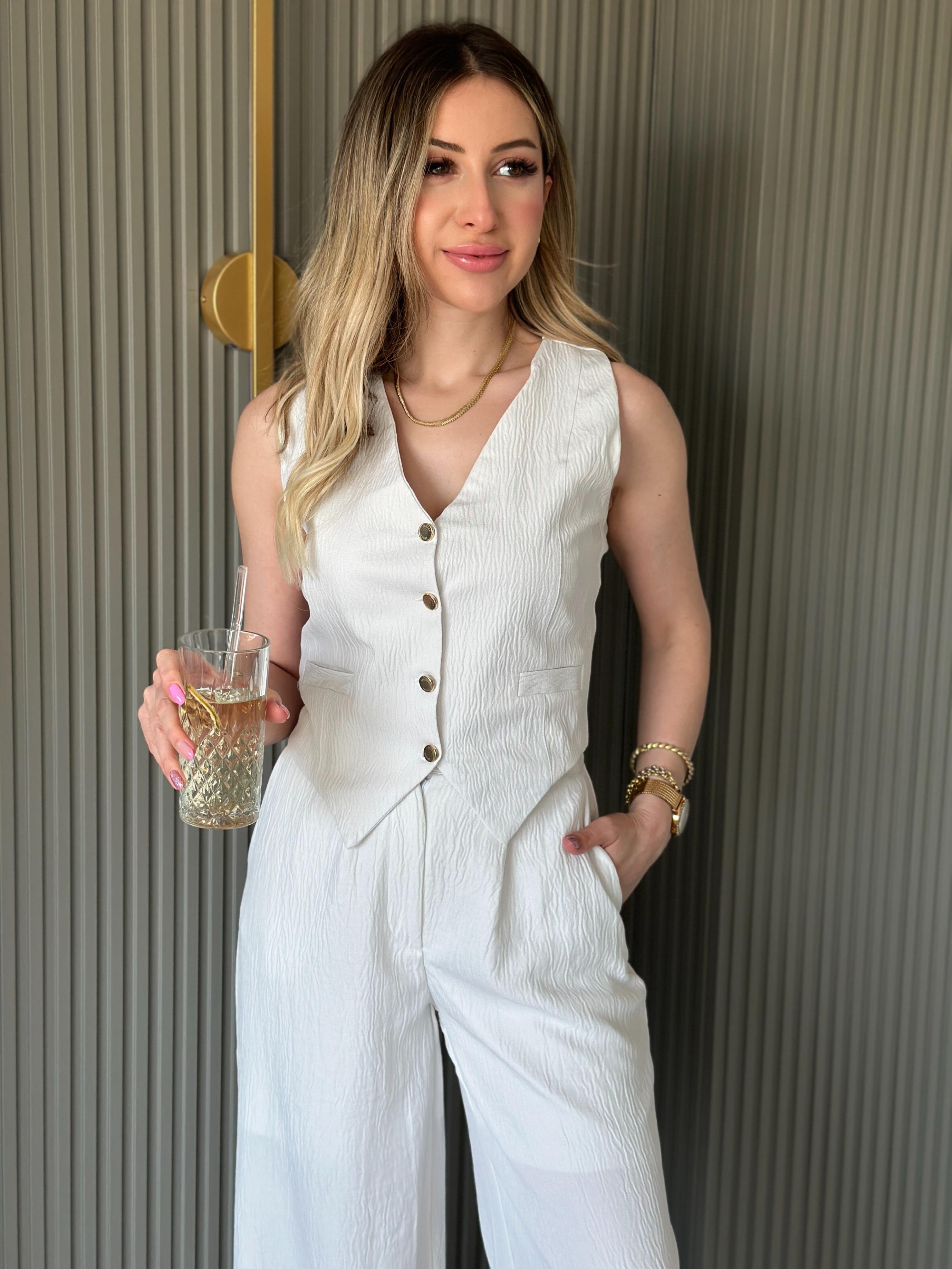 Julia Premium Pallazzolu Yelekli Takım Ekru