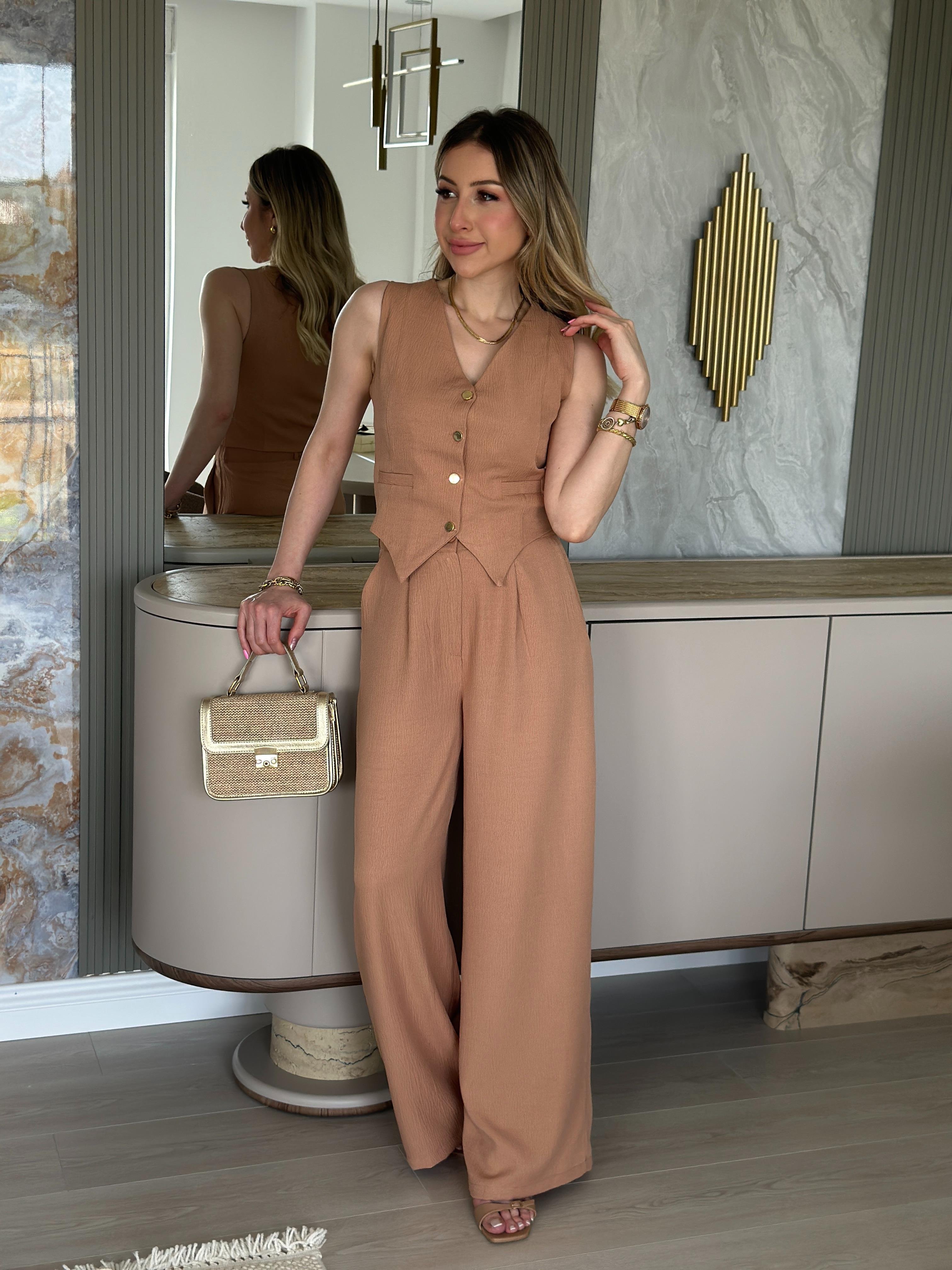 Julia Premium Pallazzolu Yelekli Takım Taba