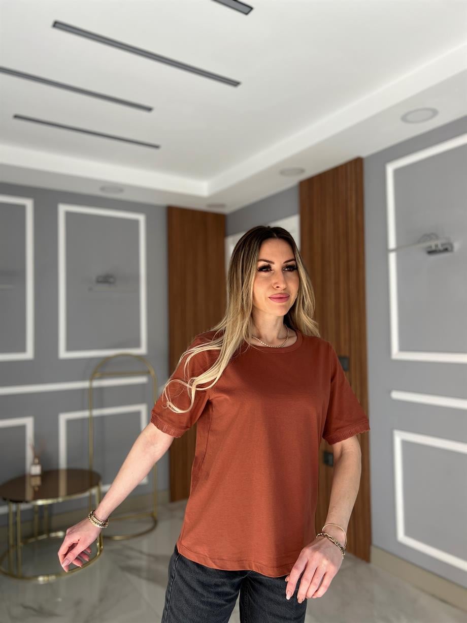 Kol Detaylı Tshirt Basic Kiremit