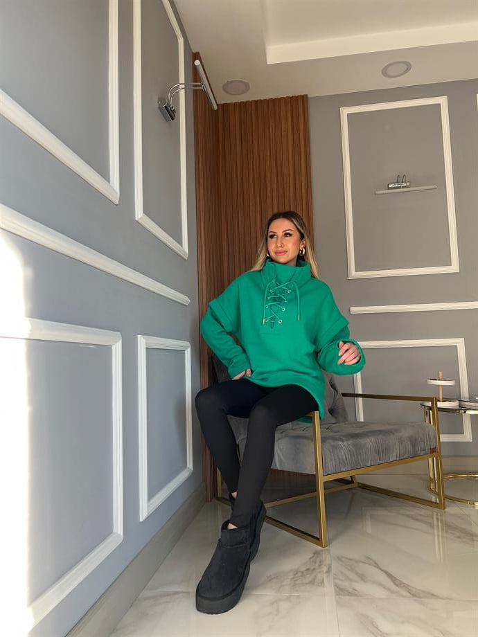 Kuş Gözü Bağcıklı Sweatshirt Yeşil