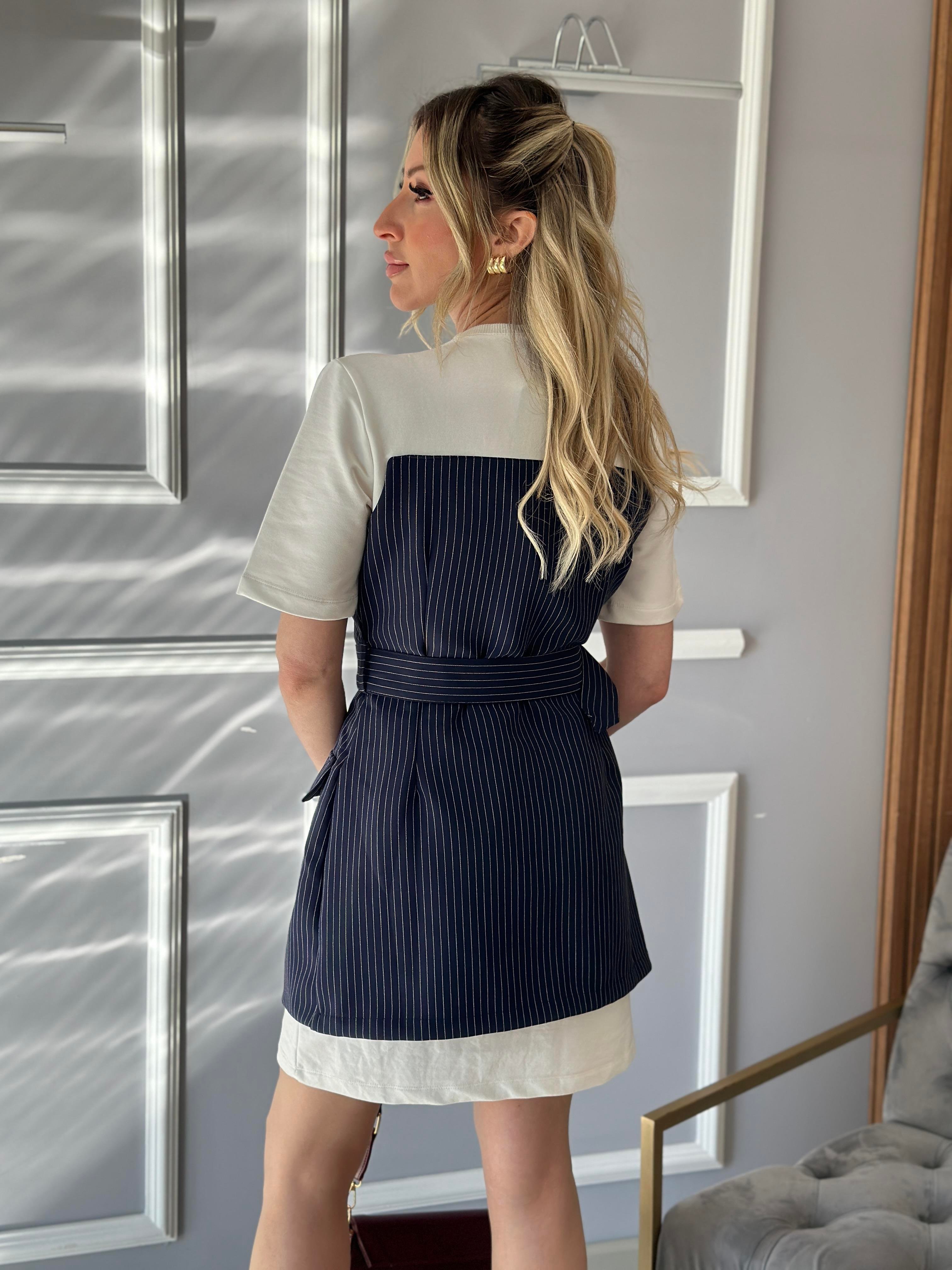 Lia Ceket Detaylı Elbise Kemerli Lacivet-Beyaz Mix Çizgili