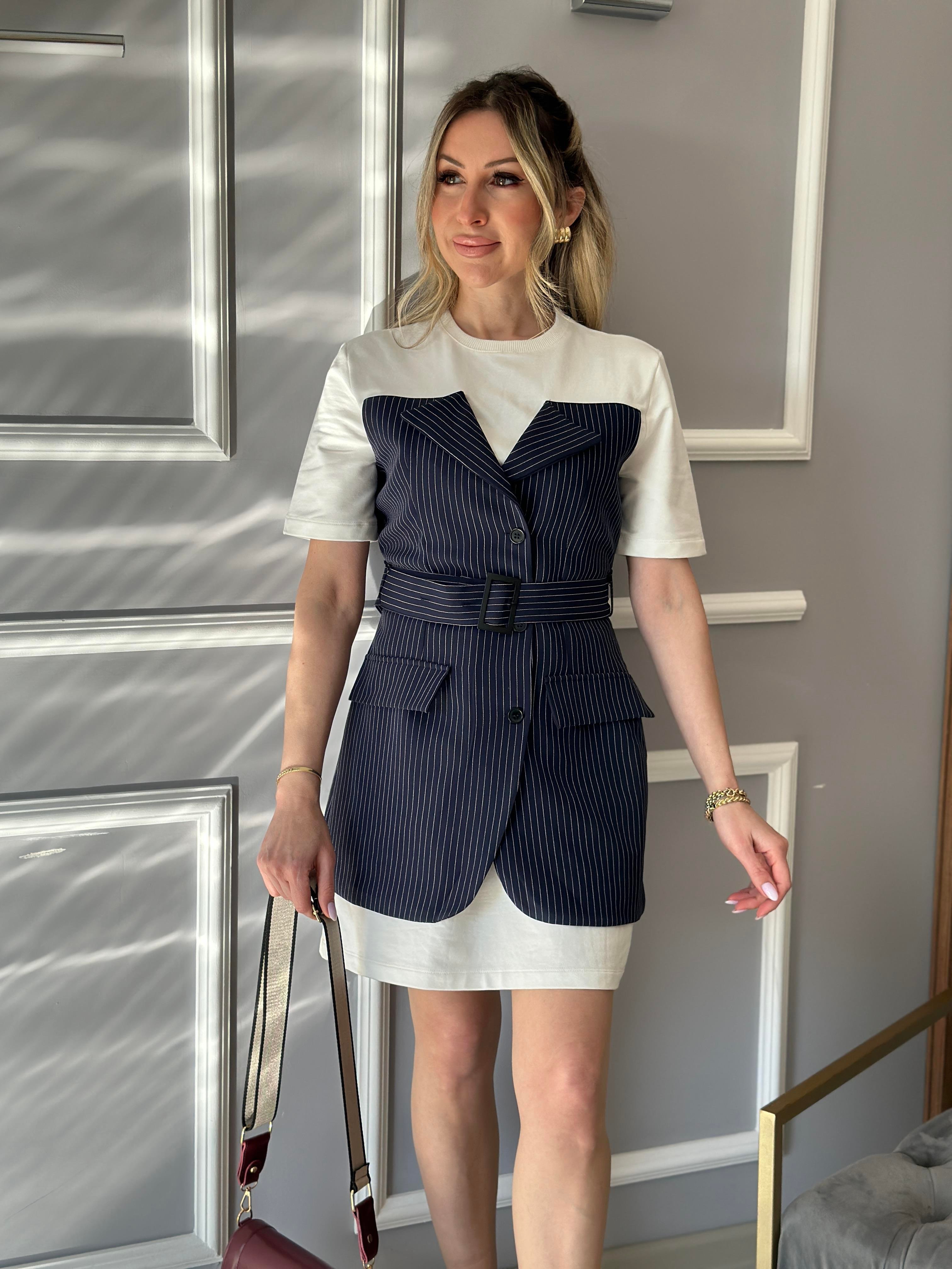 Lia Ceket Detaylı Elbise Kemerli Lacivet-Beyaz Mix Çizgili