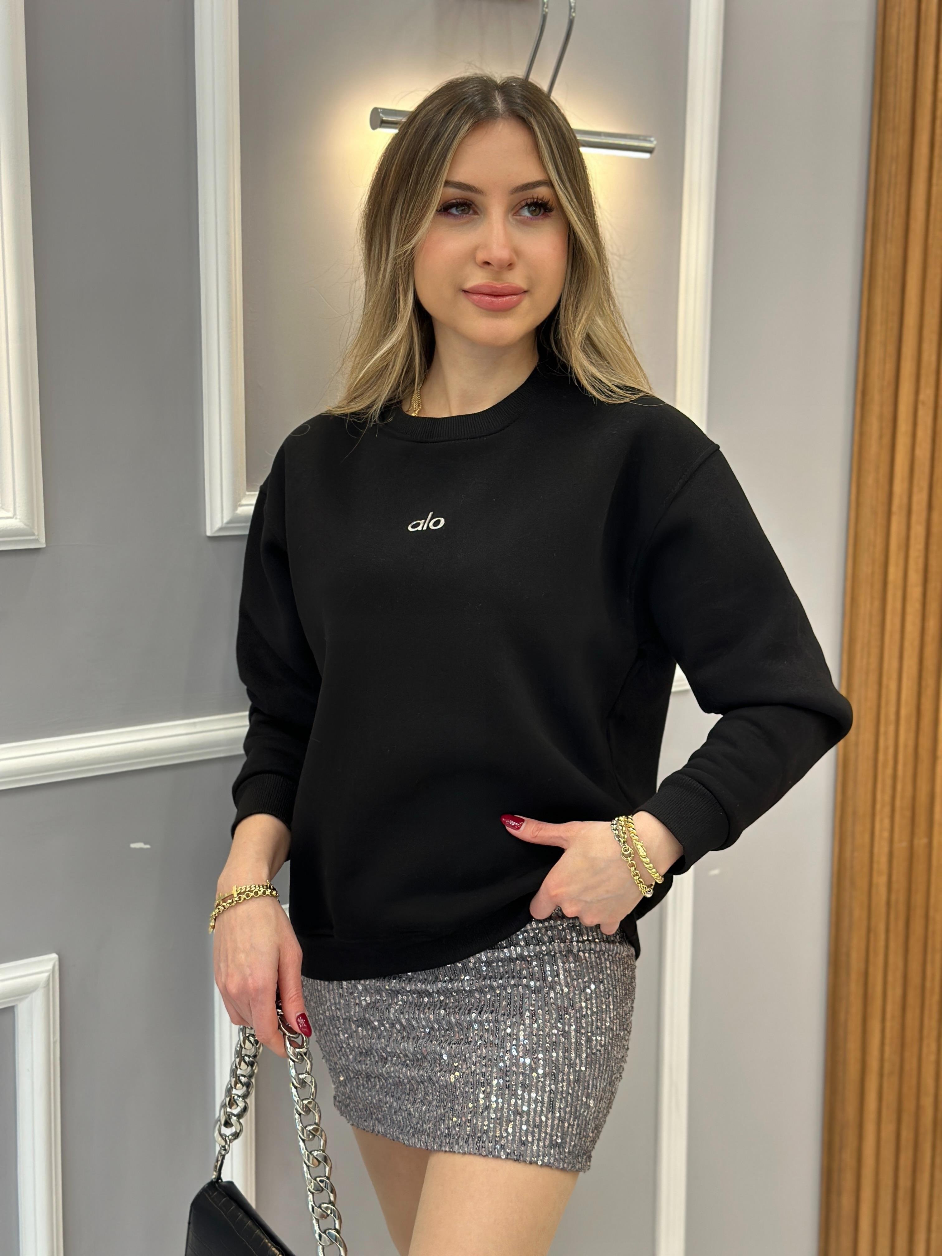 Lo Sweatshirt Silver Yazı Detaylı Siyah